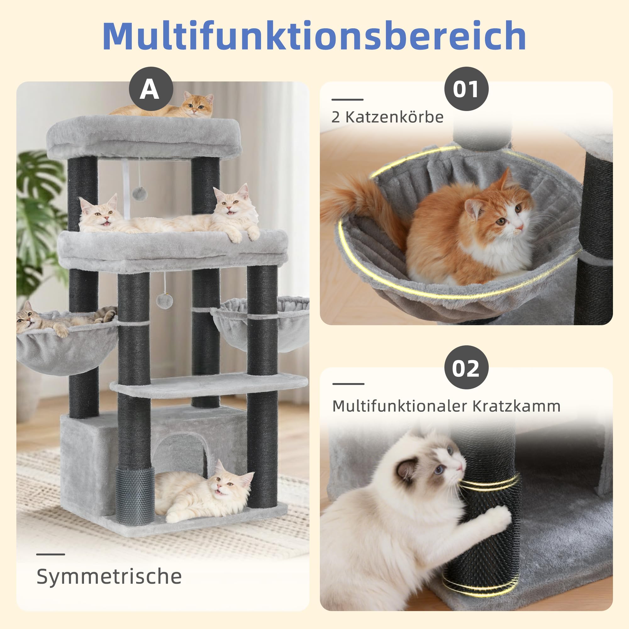 Hey-brother Kratzbaum, Stabil Katzenbaum für große Katzen und Maine Coons, mit 8 cm dicken Sisal-Kratzpfosten, Zwei Plattformen, Zwei Körben, großer Höhle und Fellpflegegerät, Hellgrau EMPJ02W