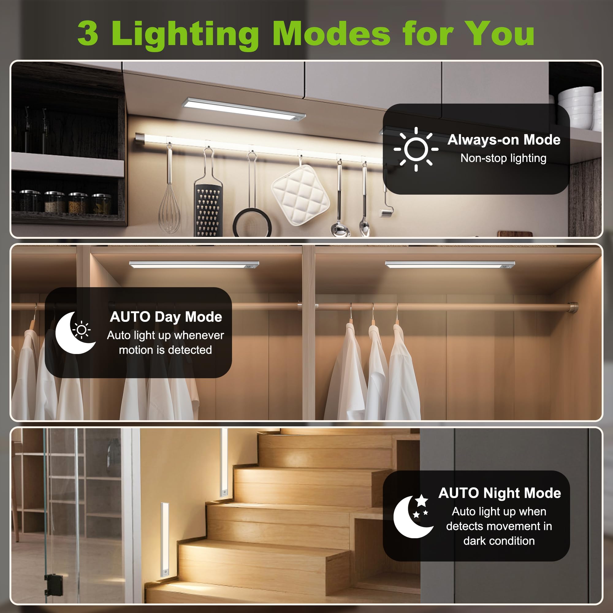 Befurglor Under Cabinet Kitchen Lights, 3 Color Dimmable Motion Sensor Lights 39cm - Image 4