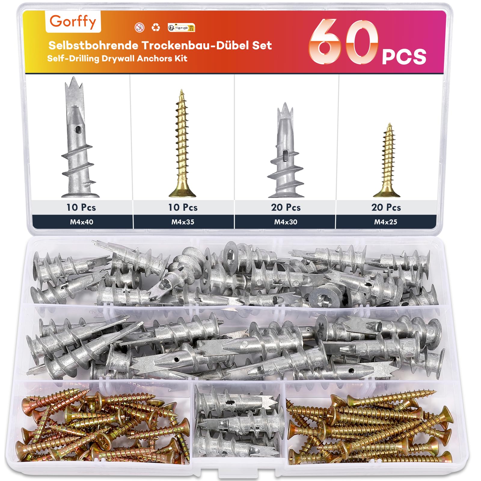 Gorffy Drilling Plasterboard Fixings, M4 Heavy Duty Plasterboard Fixings, Metal Wall Plugs Drywall Screws, Self Drilling Drywall Anchors and Screws for Plaster Boards, Composite Boards (60)