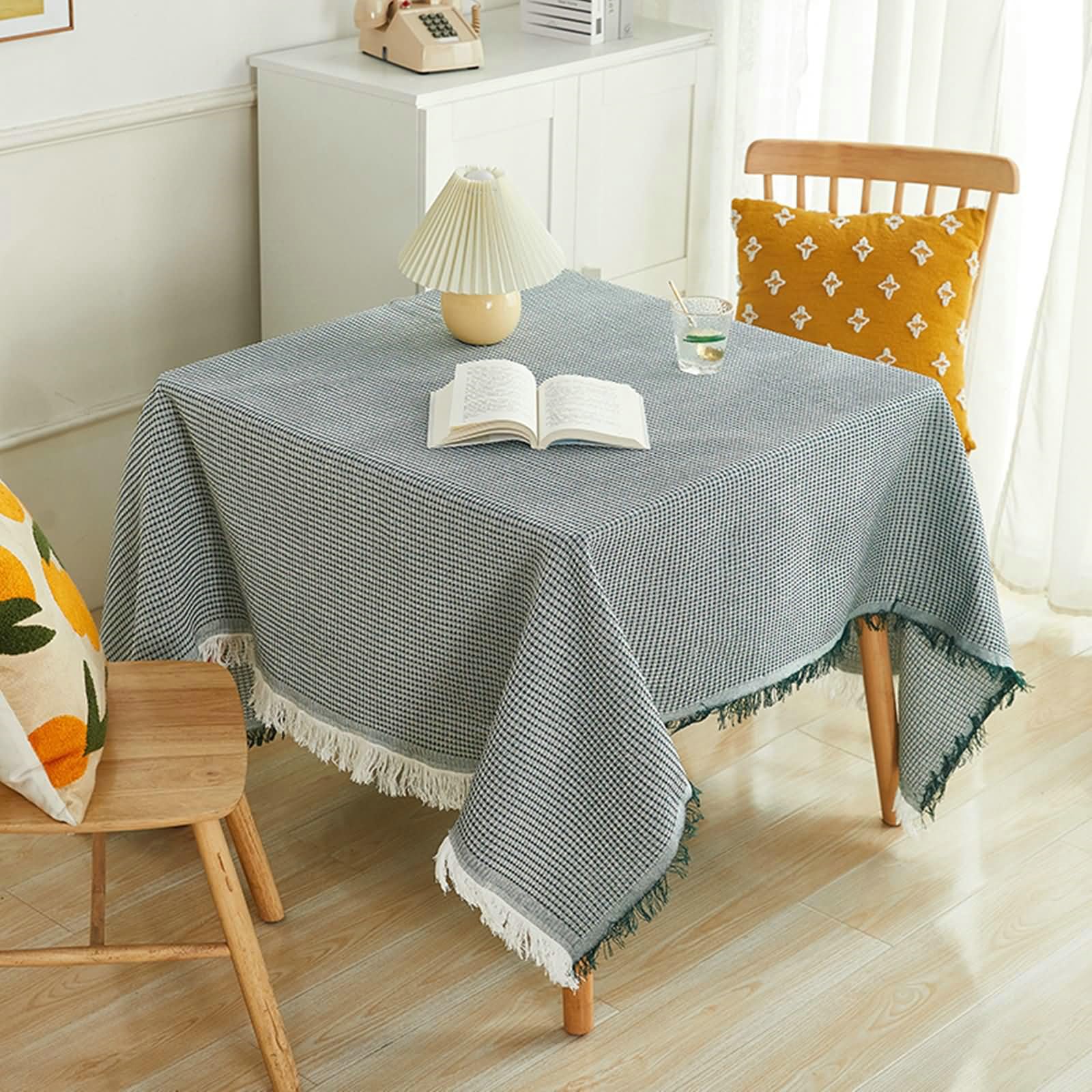 Gualiy Mantel Mesa Rectangular Tela, Mantel de Mesa 180 x 340 cm Mantel Lavable Poliéster Algodón Patrón de Gofre de Color Sólido con Borlas Mantel para Mesa Comedor, Verde Blanco
