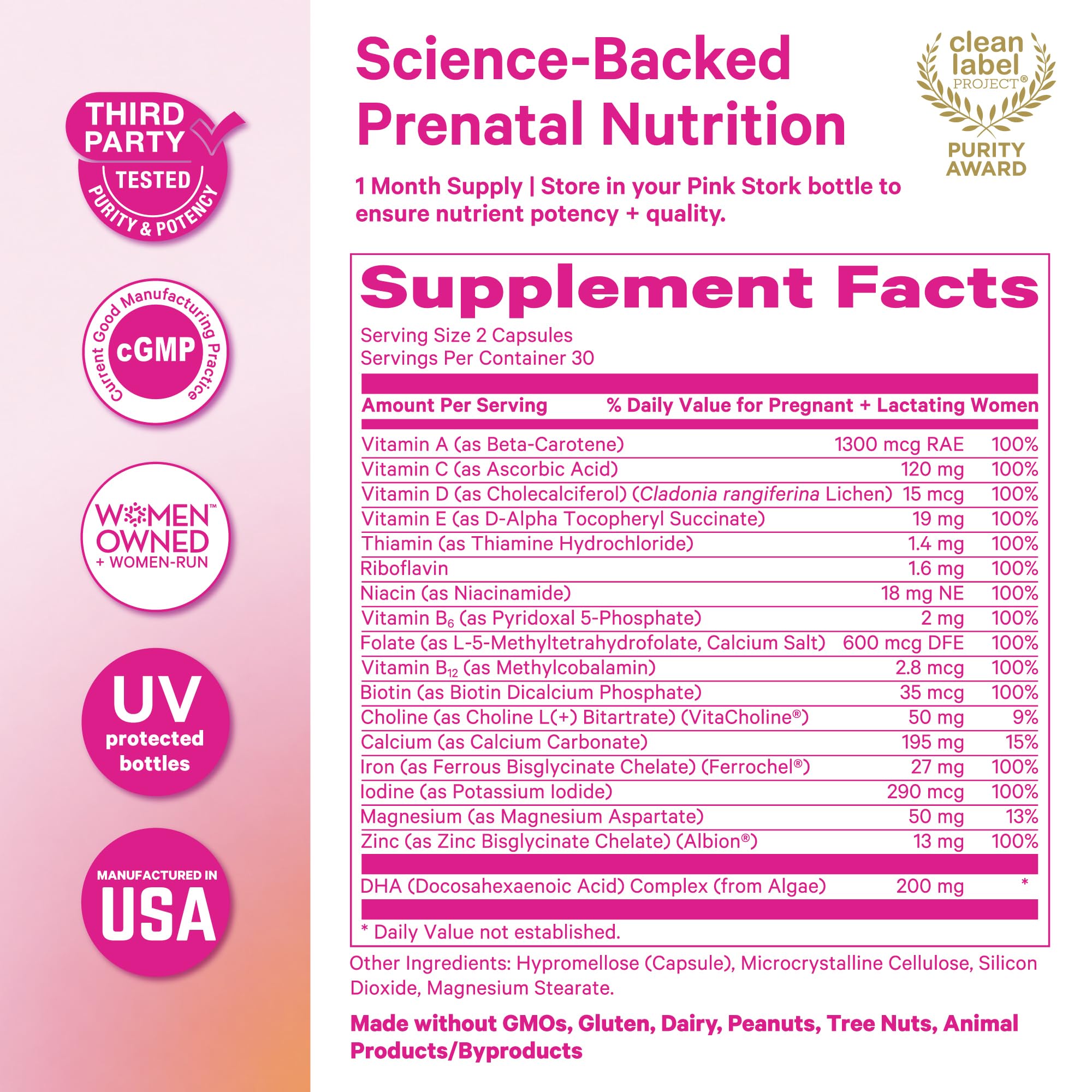 Pink Stork Total Prenatal Vitamin + DHA, Iron, Folate | Clean Label | 60 ct — Amazon image 7