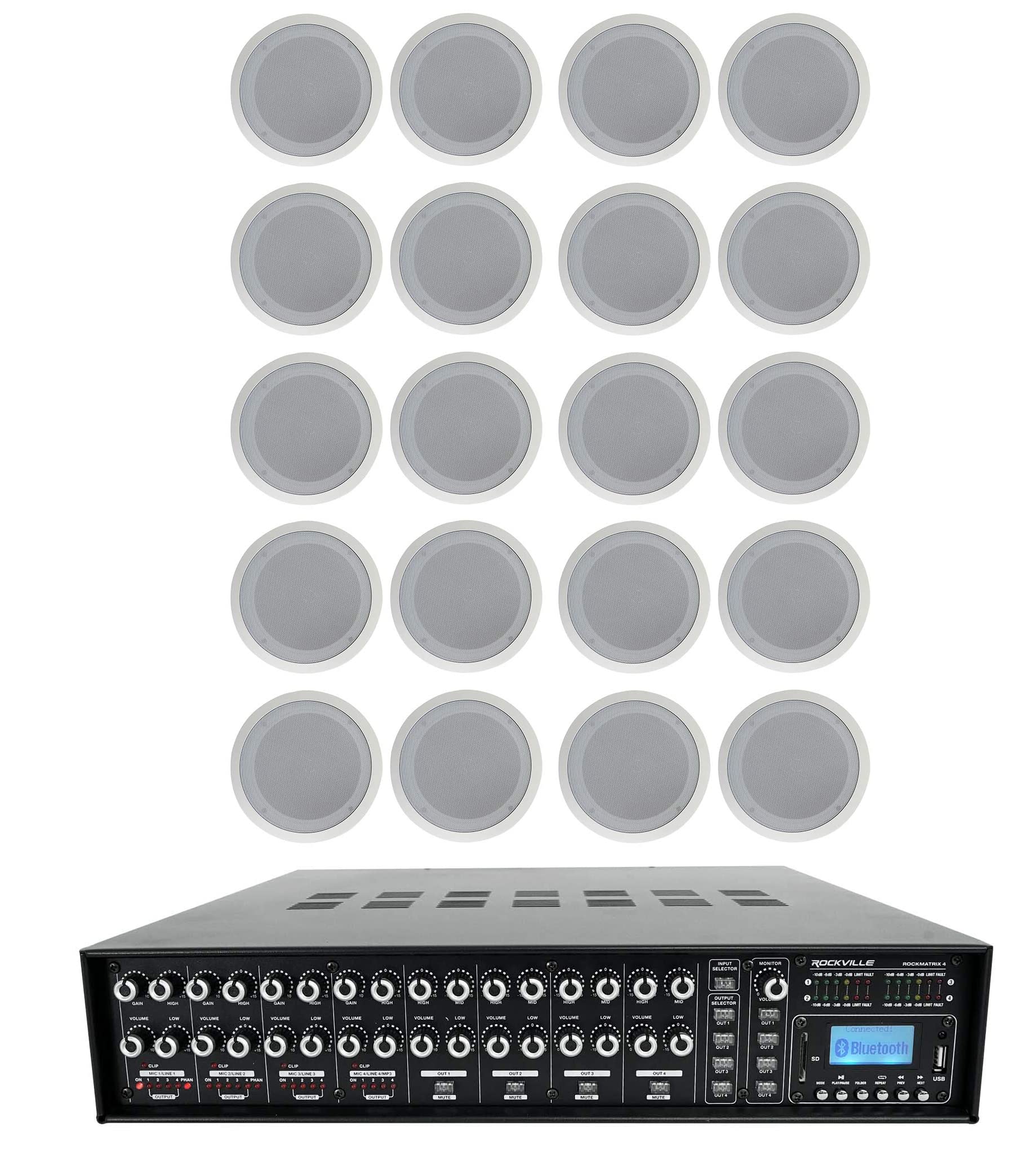 Rockville 4-Zone Matrix Multi Source Amplifier+20 8" 70v White Ceiling Speakers
