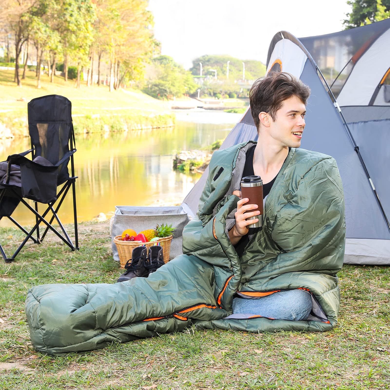 Amazon Basics Sac de couchage pour le camping et la randonnée par temps froid, léger, style momie, vert olive