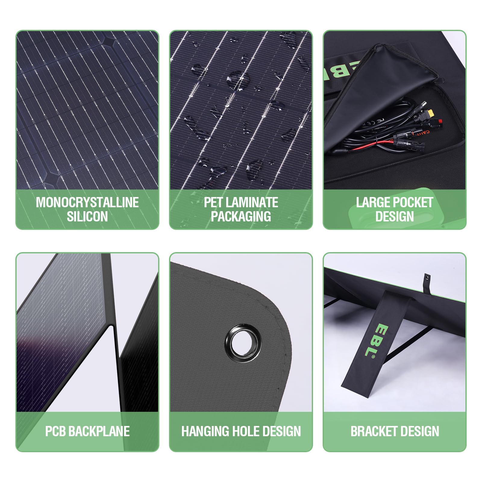 EBL Panel solar portátil de 200 W de alta eficiencia | Para RV, camping, marina, aplicaciones fuera de la red, solución de carga solar resistente a la intemperie