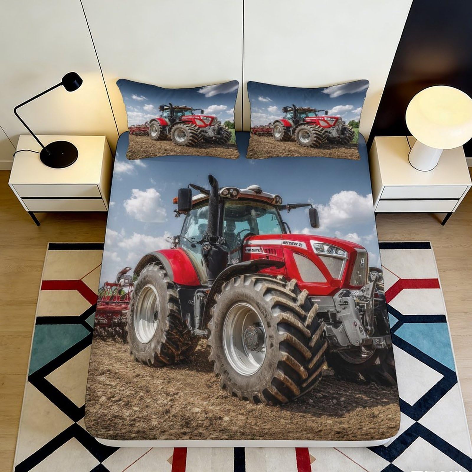 3D Printed Red Tractor Fitted Sheet Microfiber Durable Breathable Farm Vehicle Bed Cover for Bedroom Dormitory Guest Room Mattress Protection 140x200x25cm