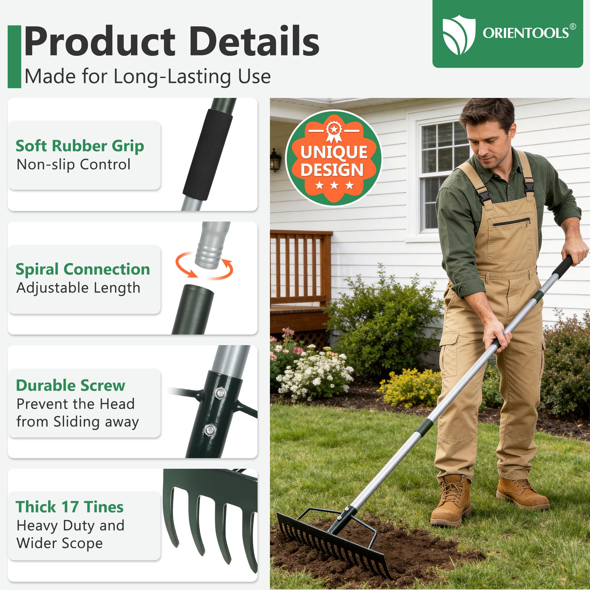 ORIENTOOLS Wytrzymała grabia ogrodowa, szerokość 44 cm, długi uchwyt 160 cm, 1,7 kg do spulchniania gleby, grabienia liści, sadzenia darni, pielęgnacji trawnika