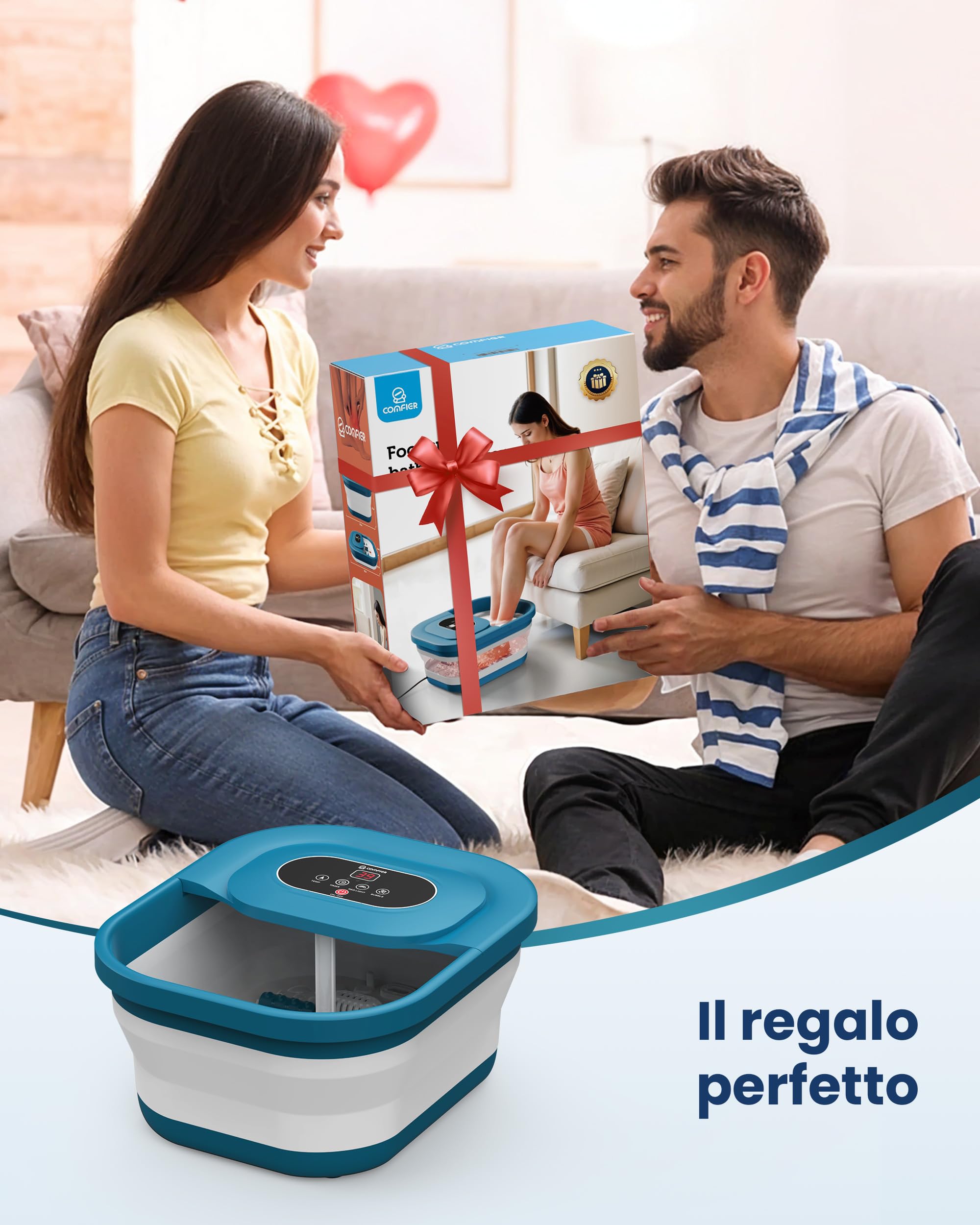 COMFIER Pedicure con massaggio e funzione di riscaldamento, massaggiatore per piedi pieghevole, funzione vibrante e frizzante, timer, pedicure pomice, 35 ℃-48 ℃, pedicure con 8 rulli shiatsu