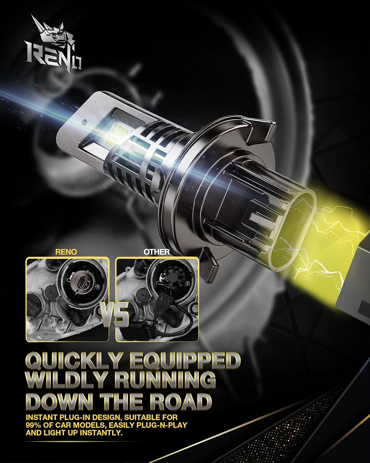 RENO 9007 Bulb, 9007 Fog Bulbs 6500K Cool White HB5 1:1 Mini with with Cooling Fan Powersports Accessory Fog Lights or ATV 34000LM Plug-N-Play, Pack of 2