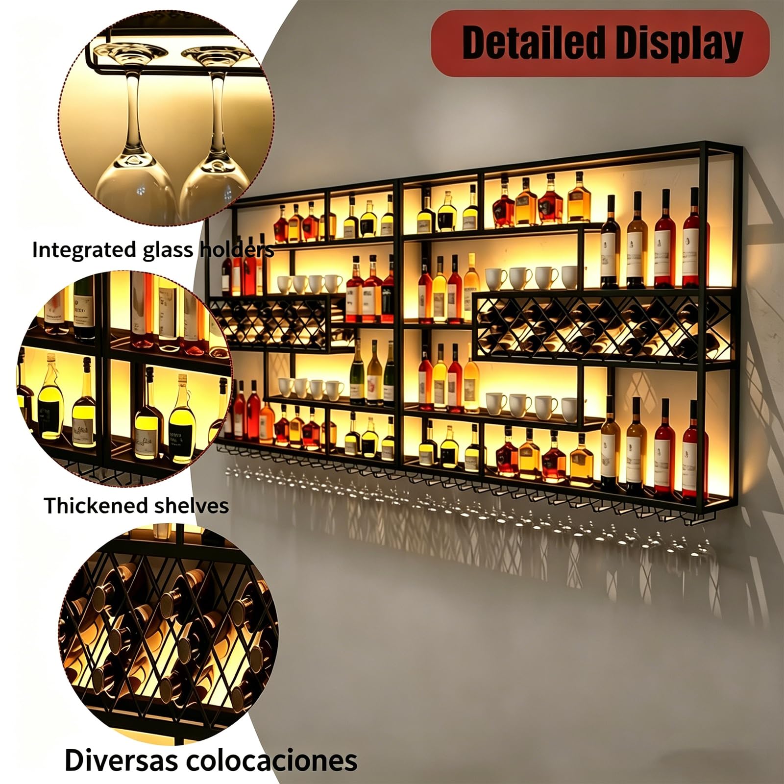 Estante de Pared para Vino con Rejilla y Luz LED | Botellero Industrial de Metal | 4Niveles con Soporte para Copas | Decorativo para Bar y Cocina(300CM)