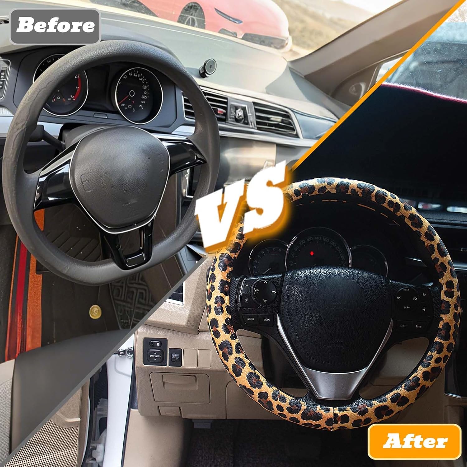 Universal Leather Leopard Cheetah Steering Wheel Cover Women 14.5-15 inch Leopard car Accessories Western Anime Brown Cute Wheel Cover Hip Hop Anti-Slip Car Protecter for Men