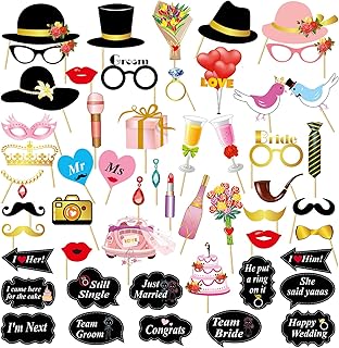 VEGCOO 52 Pièces Kit d'accessoires de Photomaton de Mariage, Accessoires de Photobooth de Fête pour Fiançailles, Mariage, Fêtes d'anniversaire Mariages