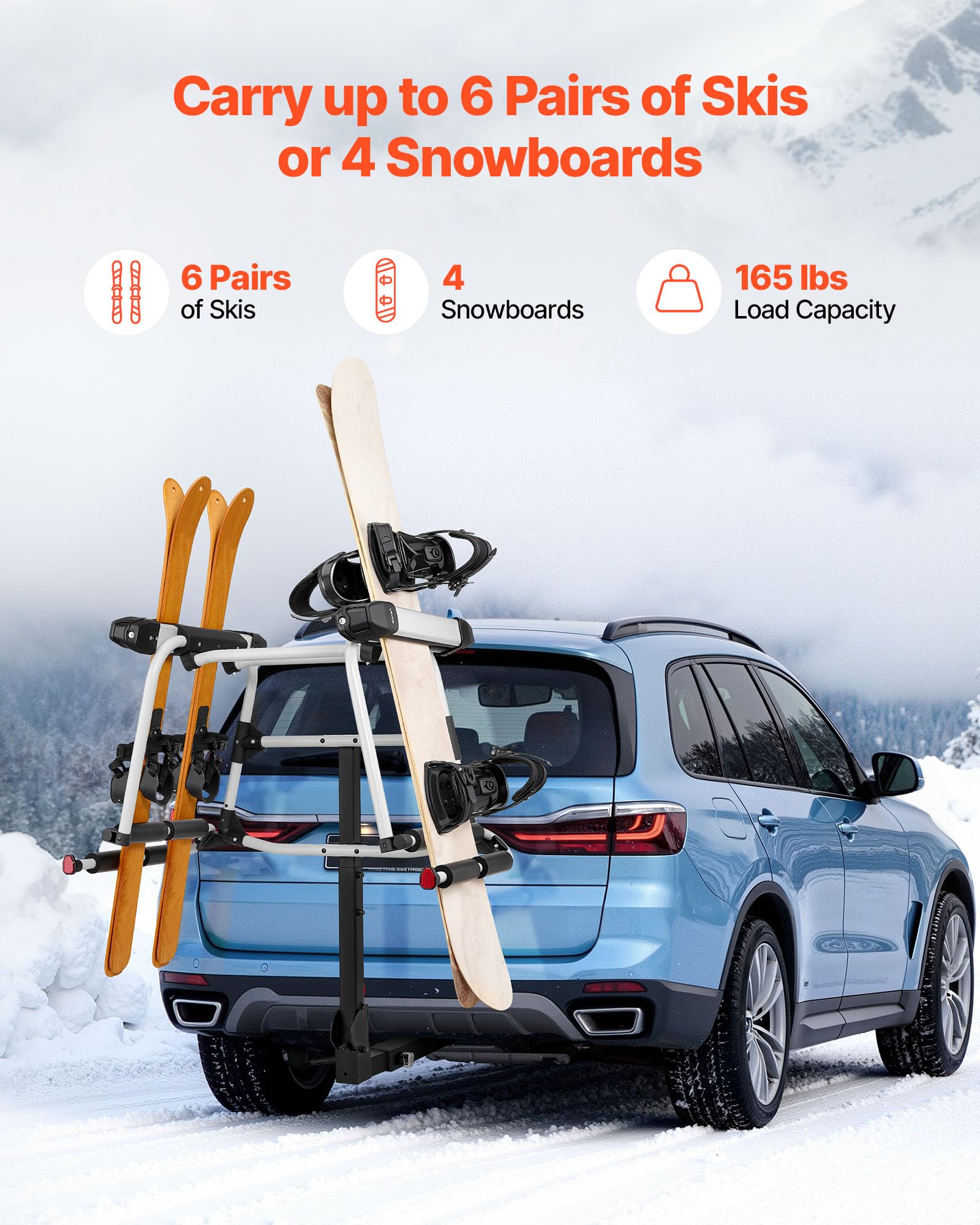 VEVOR Bagażnik dachowy na narty, snowboard, do 6 par nart/4 desek snowboardowych, zamykany bagażnik dachowy z gumową wyściółką i pasem bezpieczeństwa, uchwyt na narty, bagażnik na hak holowniczy