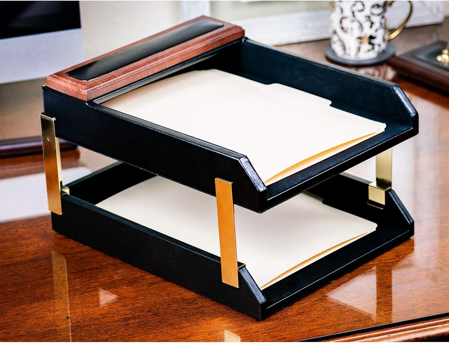 Dacasso Walnut & Leather Double Letter Trays (A8420), Black, Brown