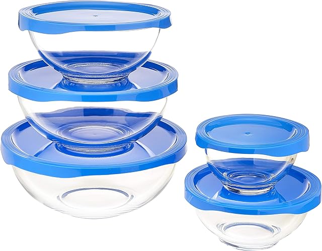 Amazon Basics 10-Piece Glass Mixing Bowl Set, 5 Bowls and 5 BPA-Free Lids