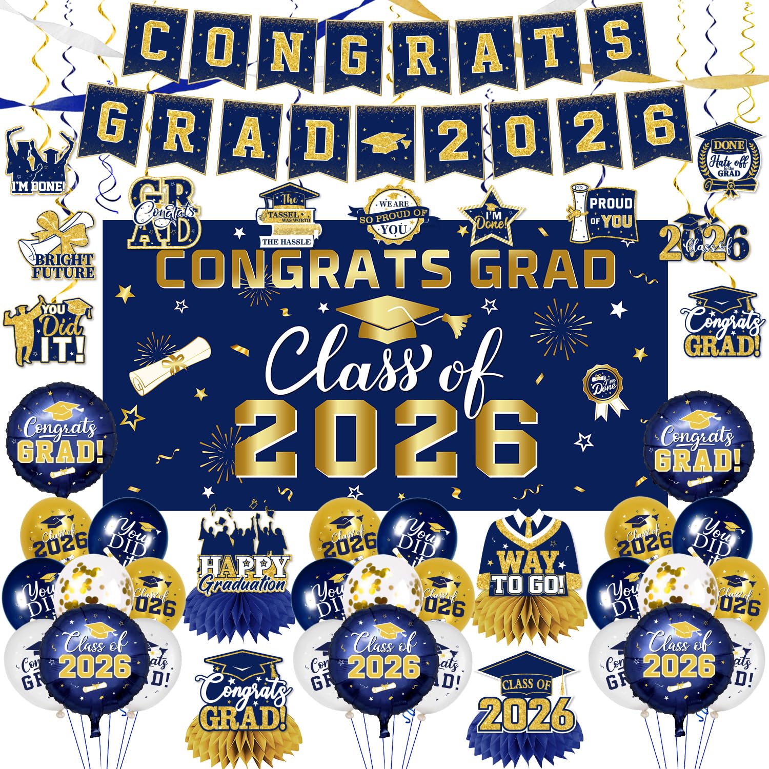 2026 Graduation Decorations-Class of 2026 Decorations Set with Congrats Grad Backdrop,Banner,Honeycomb Centerpiece and Balloons for Blue Gold