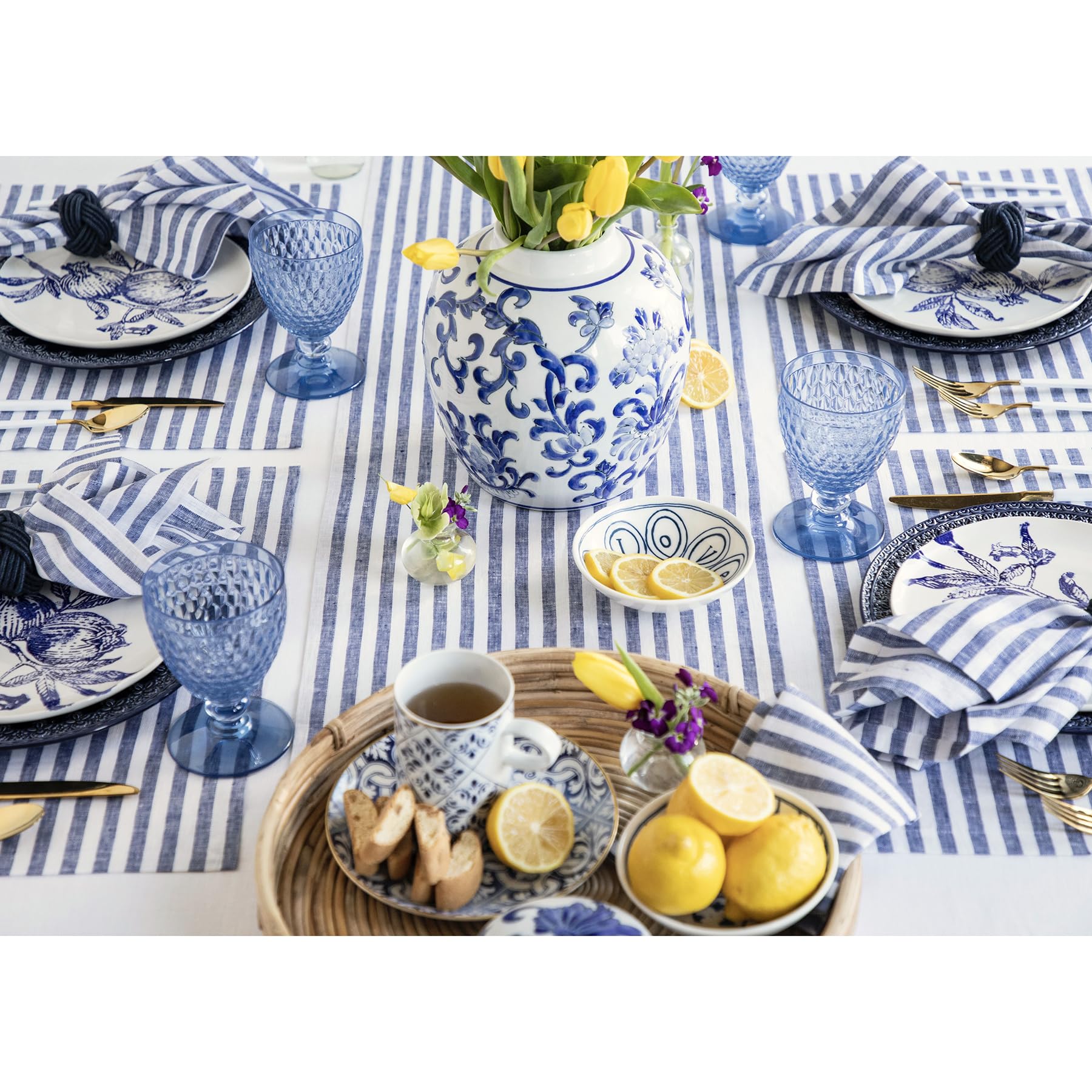 Solino Home Camino de mesa de lino a rayas de 72 pulgadas de largo, 100 % lino puro, color azul marino y blanco, 35,5 x 183 cm, ideal para comedor, boda, fiestas, primavera, día de la madre, Pascua,