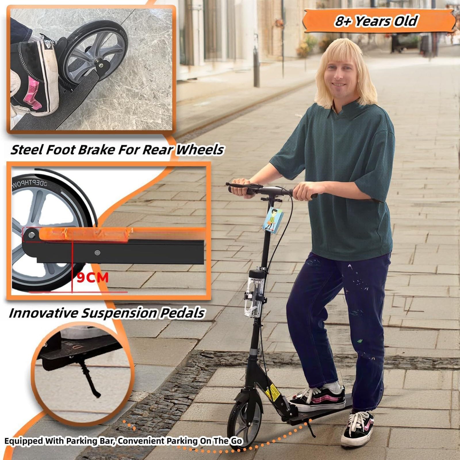 City Scooter Monopattino Per Adulti Ruote Da 230 Mm PU Big Wheel, Pieghevole E Regolabile In Altezza Con Freni E Ammortizzatori, Capacità Di Carico 150 Kg