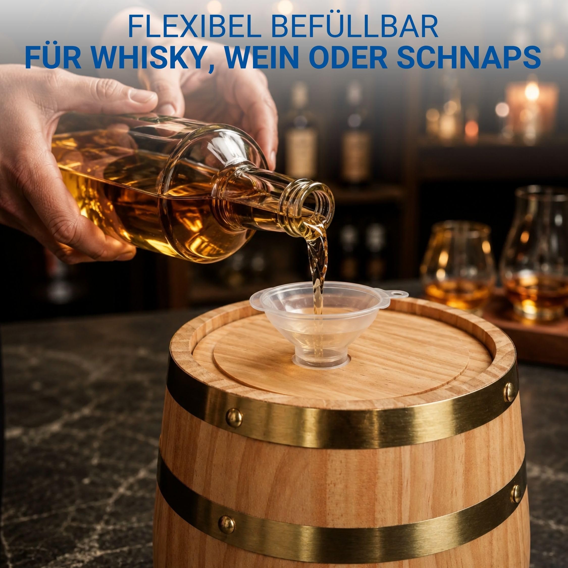 Holzfass 'Timber' 5 l - kleines Weinfass mit Zapfhahn, Beutel und Bock - dekoratives Fass für Whisky, Wein und Schnaps - Geschenkidee