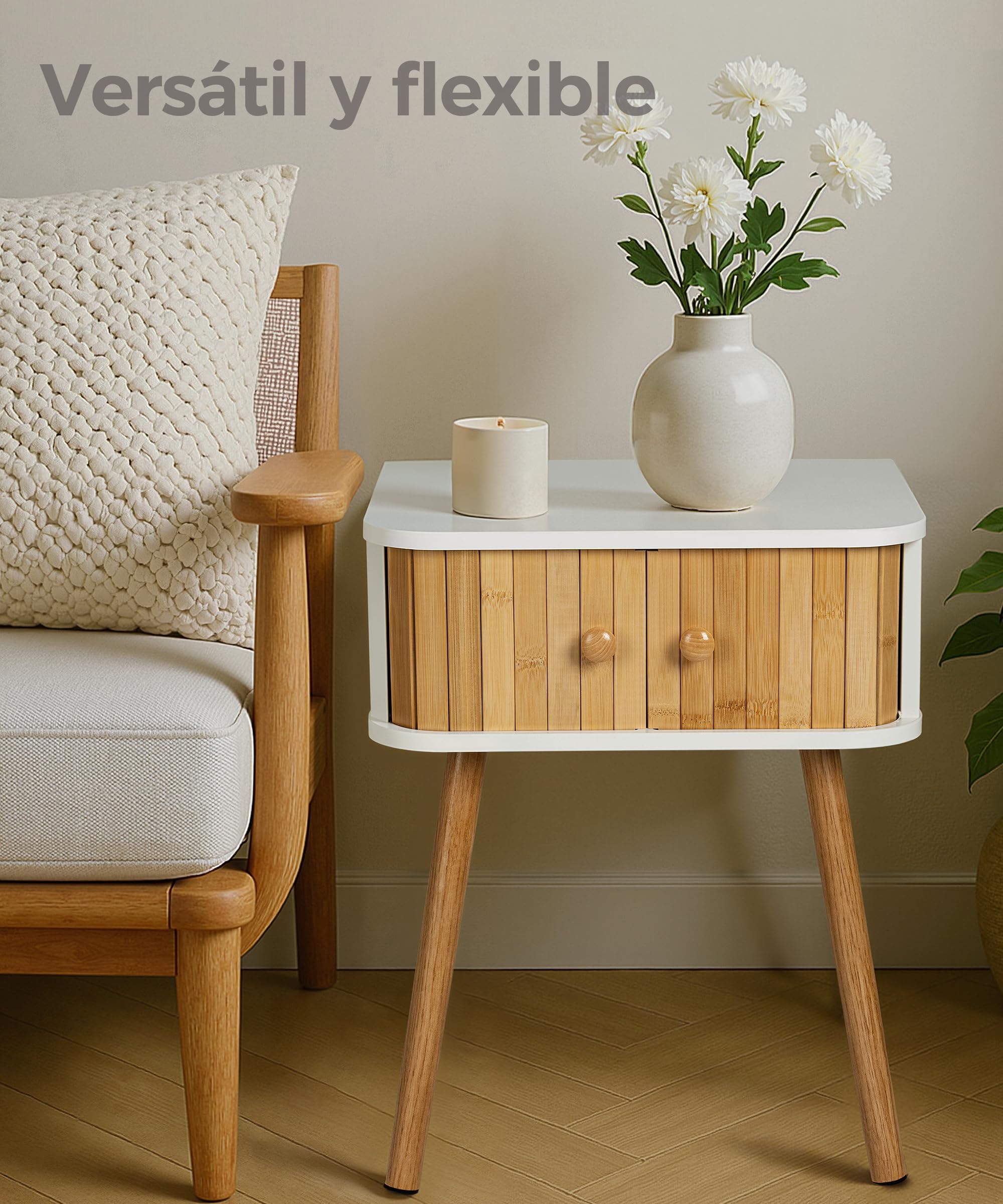 SUMGAR Mesita de Noche Blanca con 2 Puertas de Bambú Mesa Auxiliar Sofa