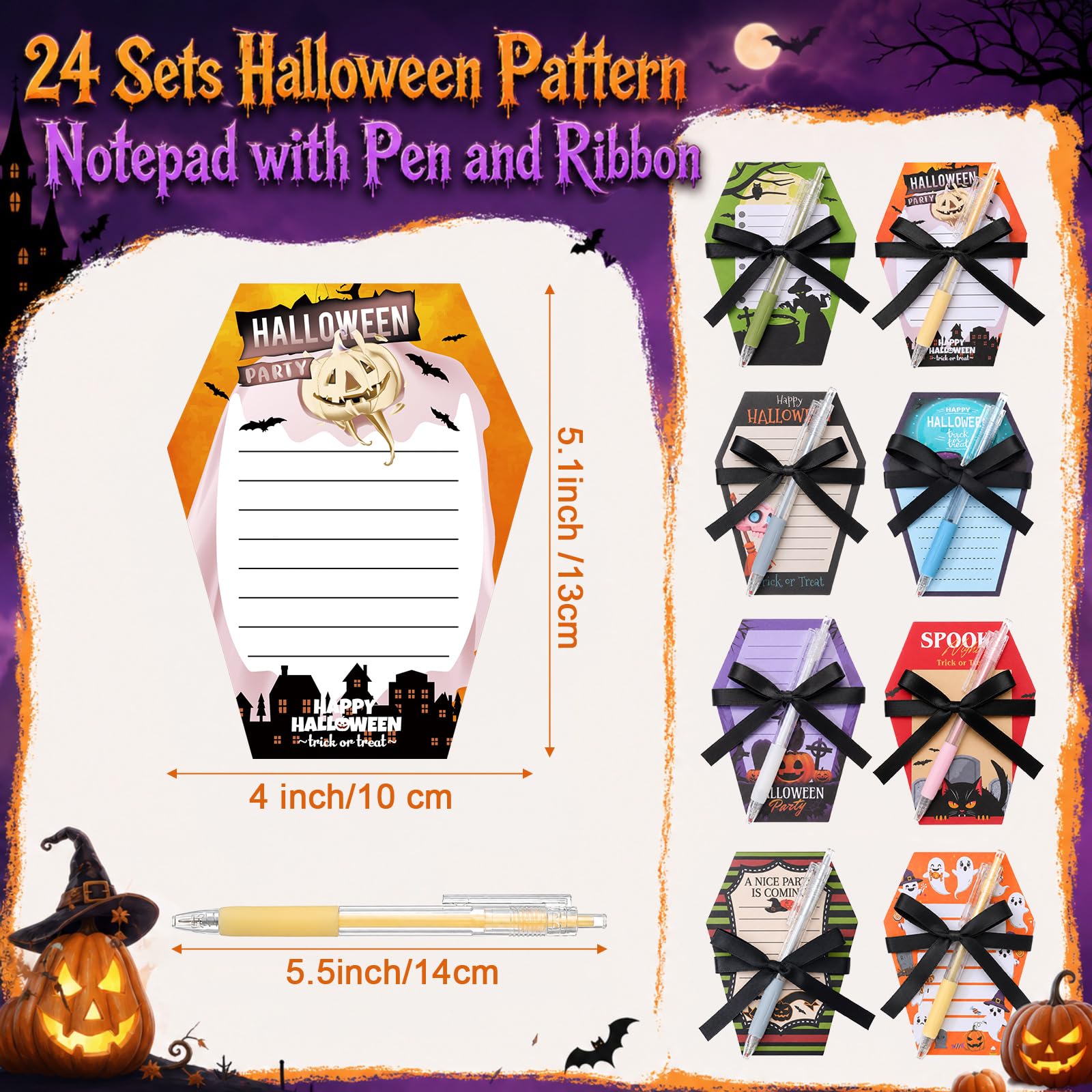 Honoson 48 foglietti adesivi per Halloween e penne autoadesive, set regalo per ufficio, zucca, fantasma, gatto, divertente, strano, spettrale, per adulti, colleghi, forniture per ufficio, 8 stili