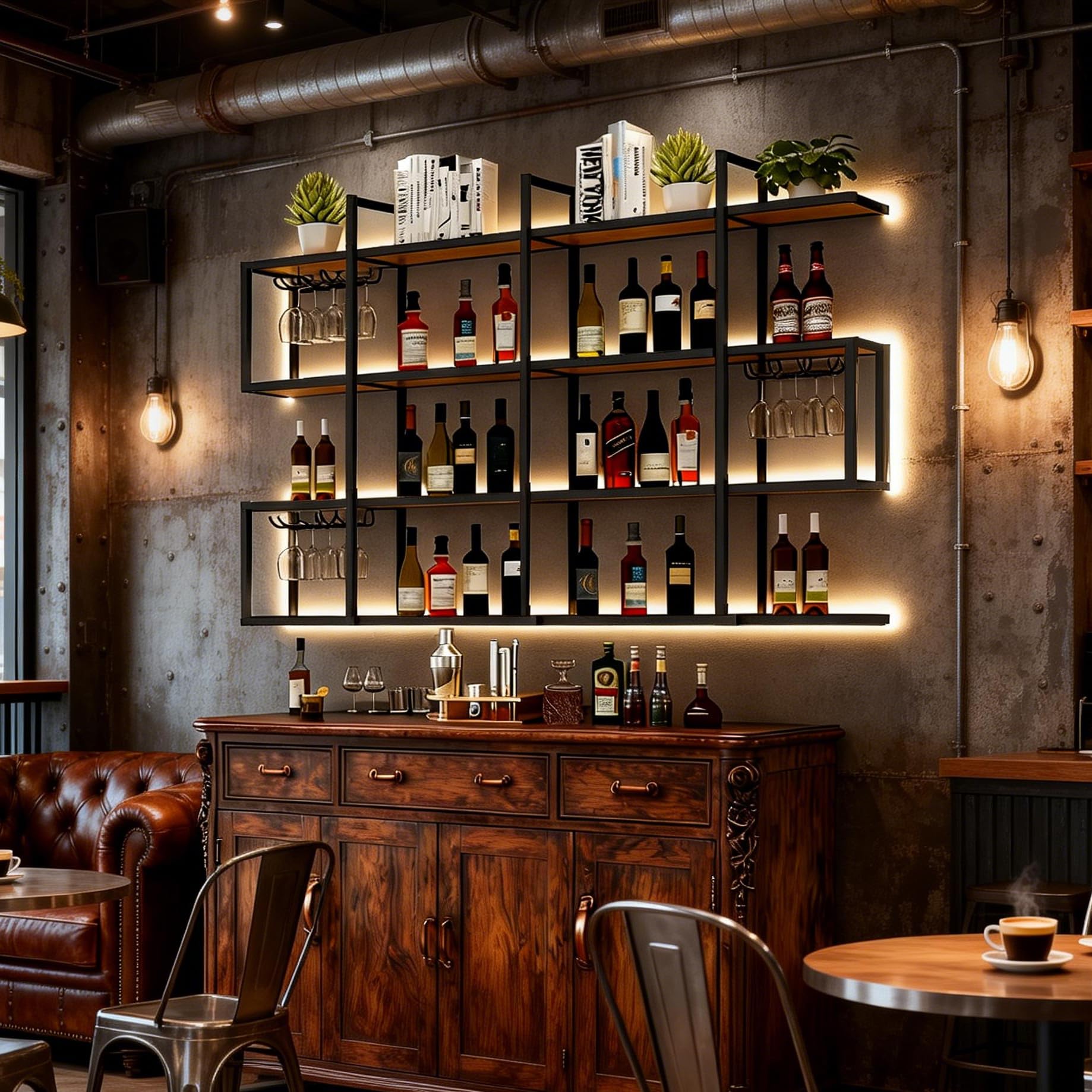 120CM Portabottiglie da parete con luce a LED, portabottiglie da parete in metallo a 4 ripiani con ripiani, industriale per la decorazione di bar e sala da pranzo (Black, 47.2IN)