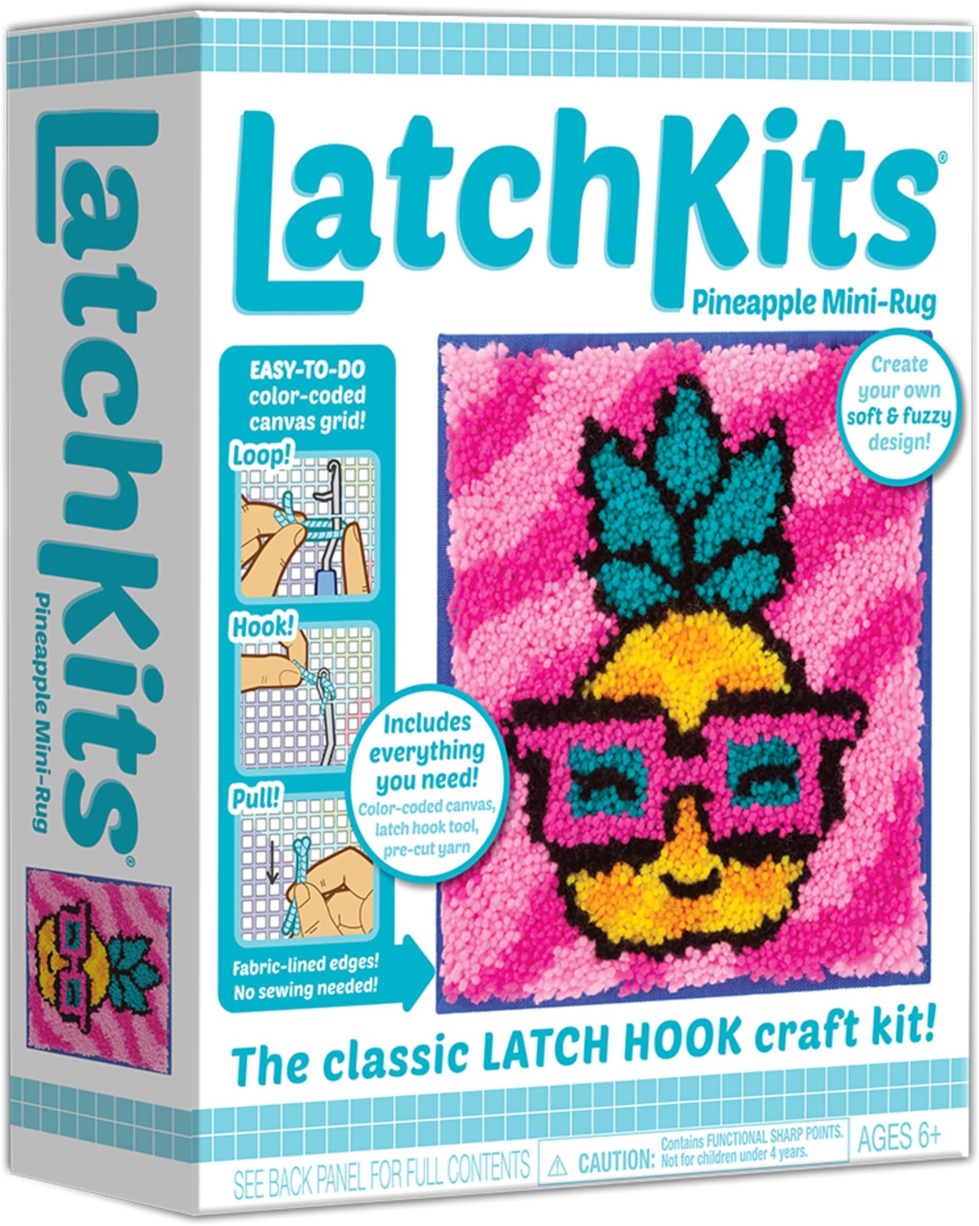 Playmonster LatchKits for Wall Hangings & Mini-Rugs - Pineapple - Craft Kit with Easy, Color-Coded Canvas, Pre-Cut Yarn & Latch Hook Tool - Perfect DIY Craft for Kids - Ages 6 and Up, Small, Multi