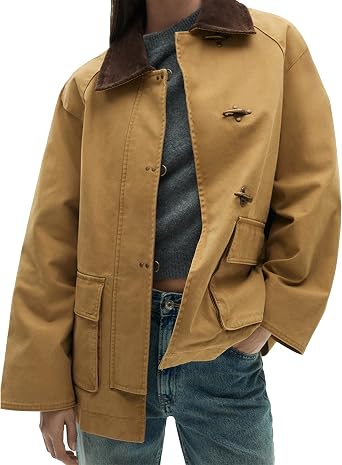 Lumister Womens Oversized Barn Jacket Contrasting Lapel Collar Retro Button Down Casual Canvas Coat Outwear