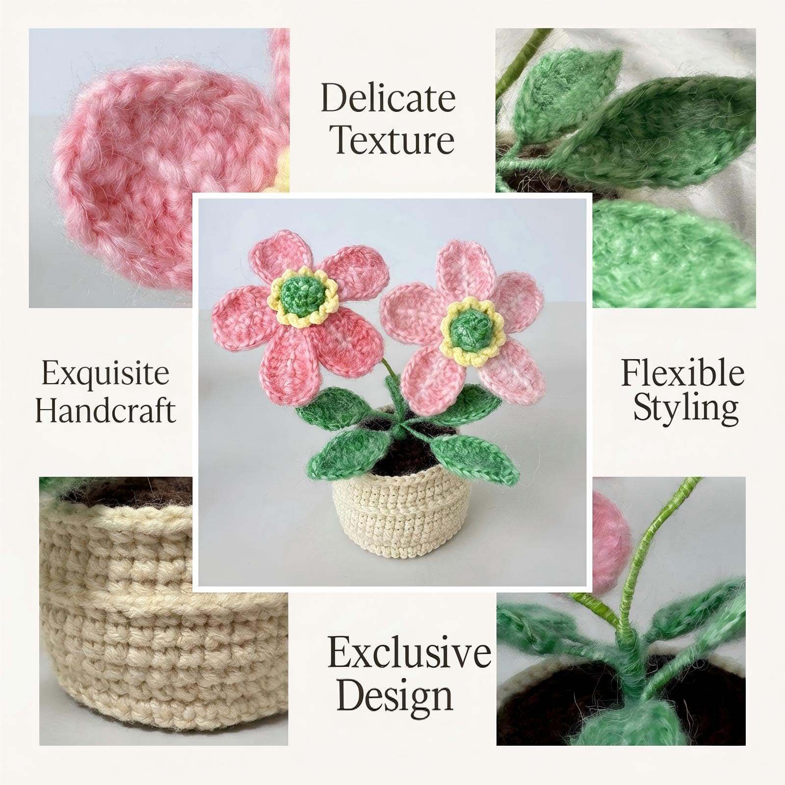 Hand-Made Crochet Wild Rose with Greeting Card and Handled Gift Bag, Spring Artificial Flowers for Mothers Day Appreciation Gifts for Family Girl Friend Other Half(Gradient Pink)