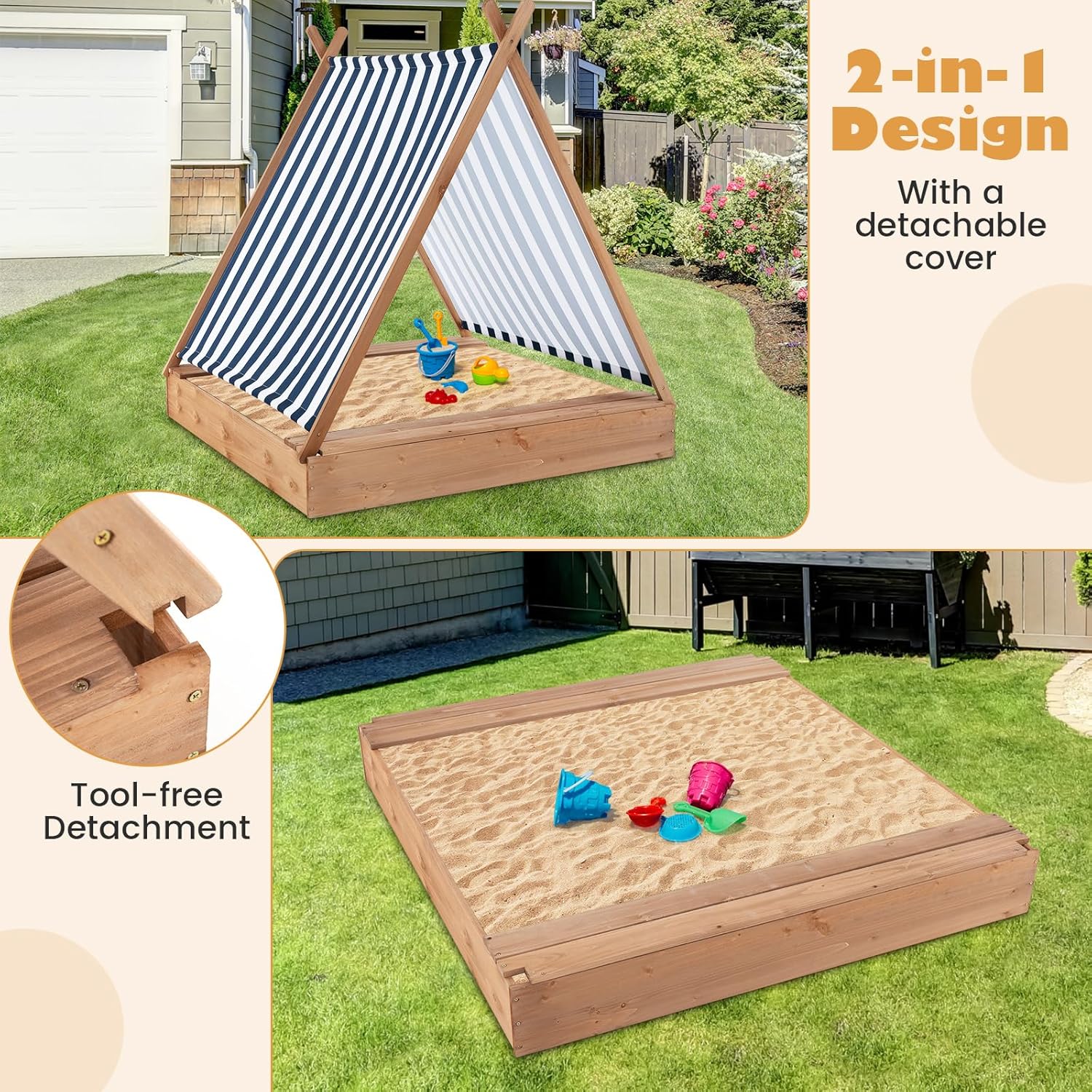 Costzon Kids Sandbox with Canopy, Large Triangular Wooden Sand Box w/ 2 Bench Seats, Blue and White Stripes for Children 1+ Years Old, Outdoor Cabana Sand Pit in Backyard, Garden and Beach