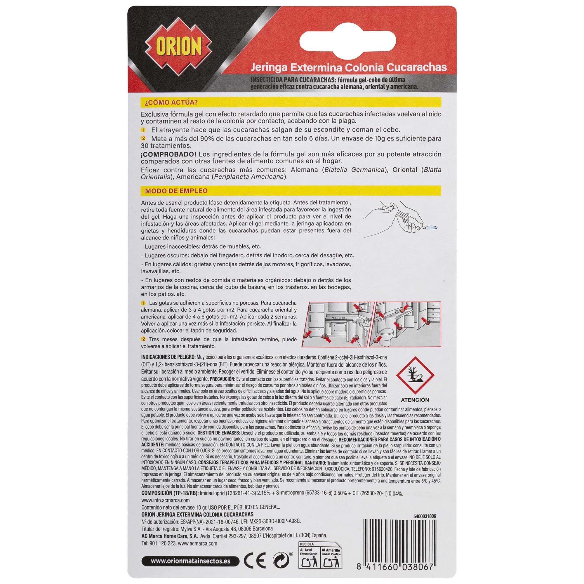 Orion - Jeringa Mata Cucarachas, Elimina el Nido y Colonia, Formato Gel de Alta Atracción, Eficacia profesional, Aplicación grietas, rendijas y zócalos, Acción Prolongada - Jeringa 10g — view 2