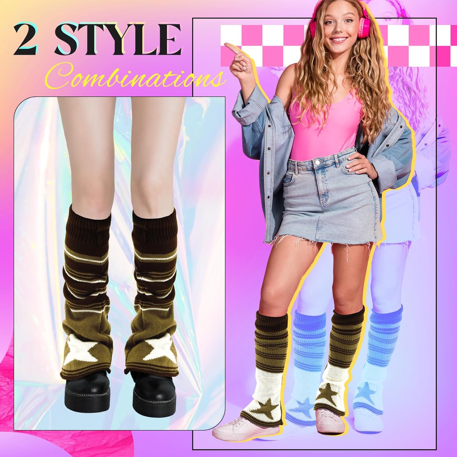 2 Pairs Star Y2k Leg Warmers for Girls Kawaii Harajuku Knitted Flared Leg Warmers Double-sided Skull Brown Goth Accessories Crochet Lolita Emo Gift for Women Daily Wear Party - Image 5