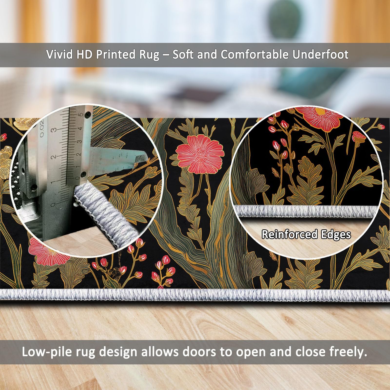 Tapis Salon Lune Fleurs Branches 80x150cm Tapis Poils Courts Doux Antidérapant, Décorer Intérieur Moderne pour Chambre Cuisine Salle à Manger Bureau
