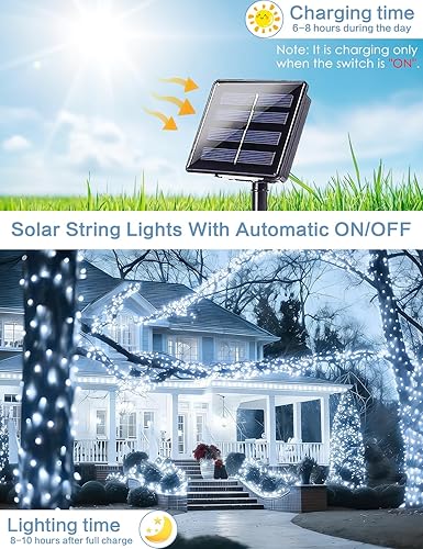Miniatura 4 de Guirnalda de luces solares para exteriores, paquete de 2 luces solares de 80 pies, 200 luces LED parpadeantes para exteriores, alambre plateado