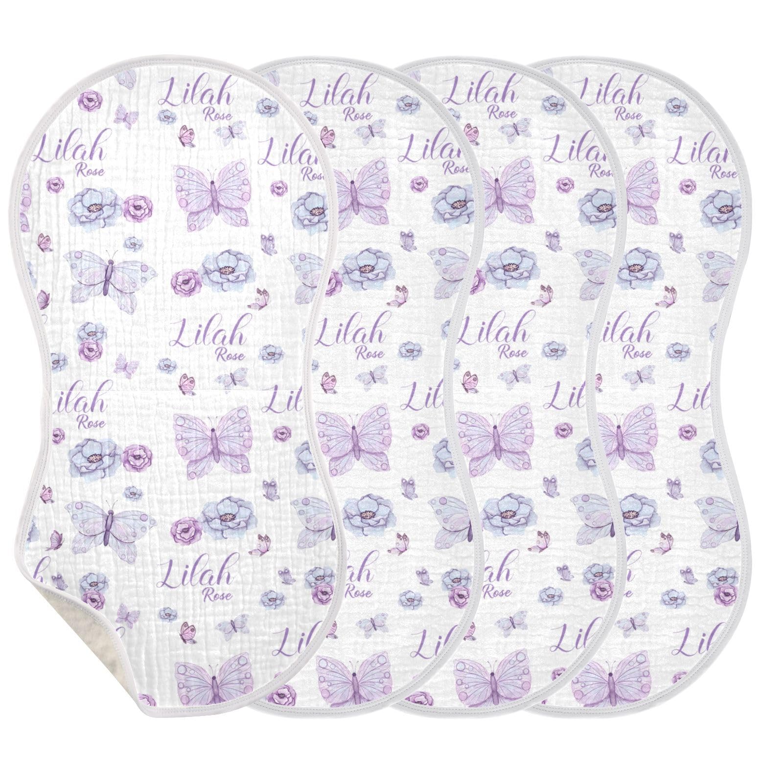 Custom Baby Burp Cloths for Girls with Name, Personalized 4 Pack Absorbent Cotton Burping Rags Bibs for Newborn Towel (Purple Butterfly)