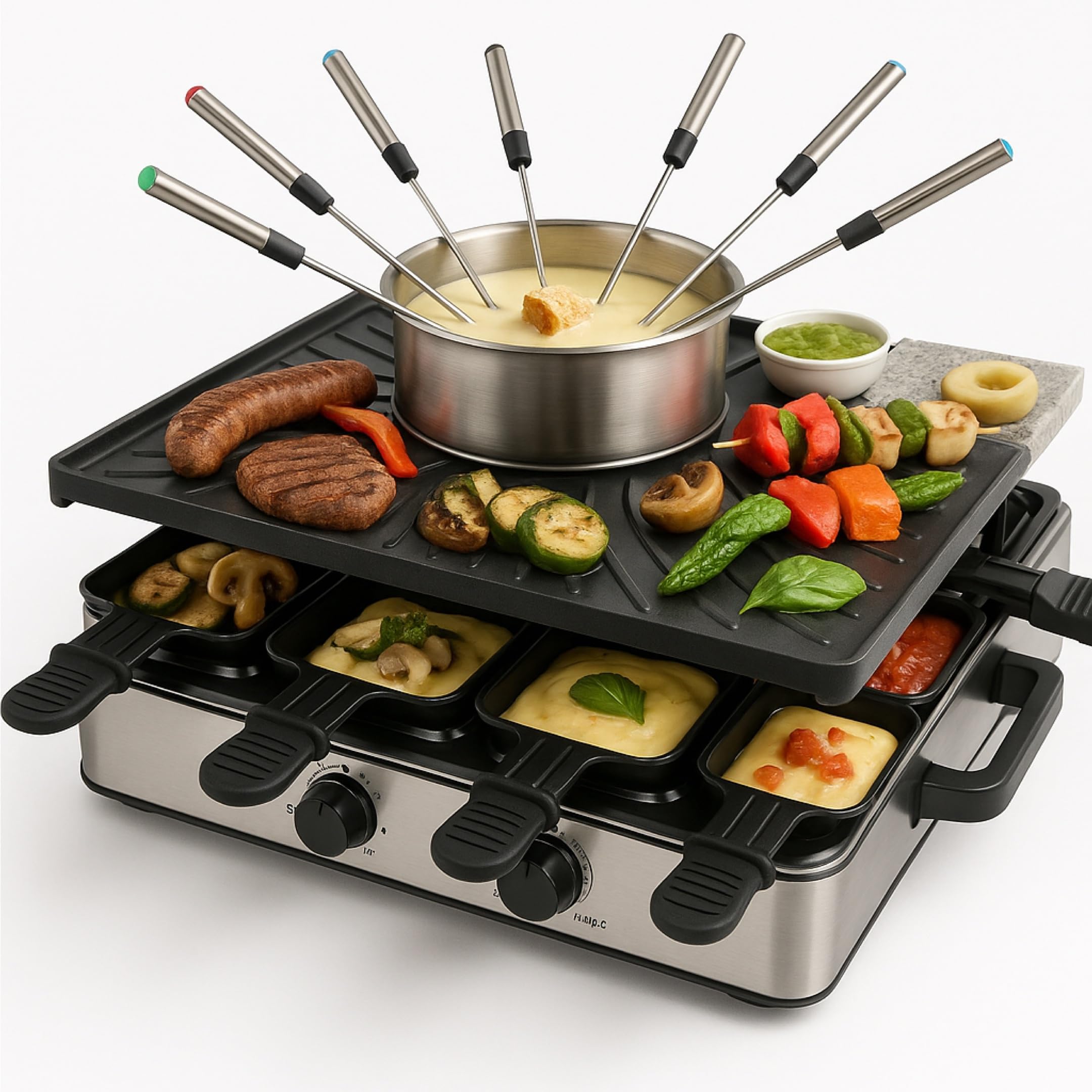 Set de fondue y raclette para 8 personas con sartenes y raspador - Inoxidable y regulable (Set de fondue)