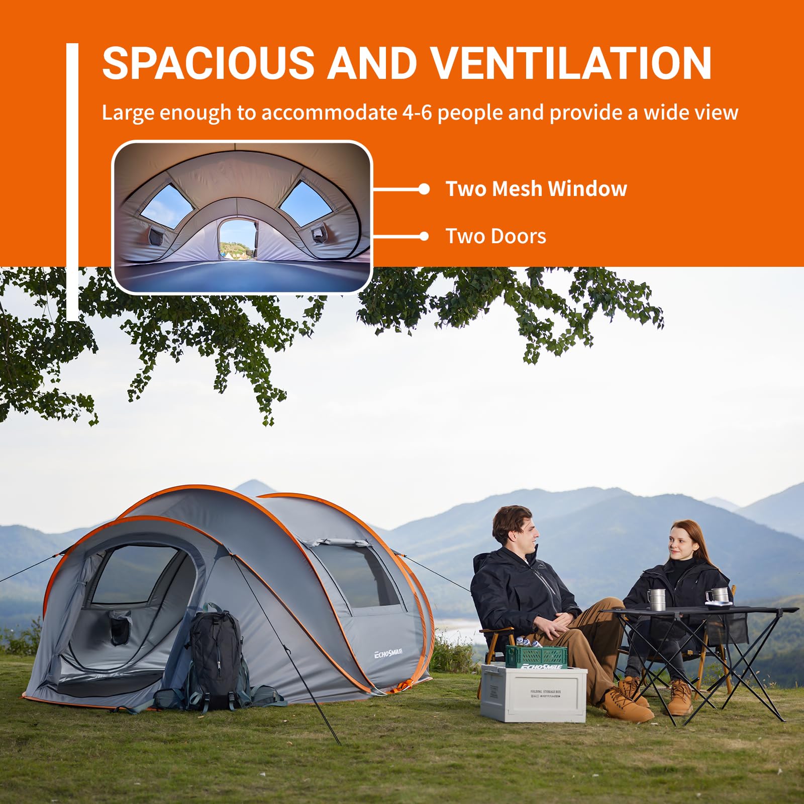 EchoSmile Tenda da Campeggio Istantanea Pop Up 4-8 Posti, Tenda Familiare Ultraleggera Portatile, Antivento e Impermeabile per Picnic, Trekking e Attività All'aperto