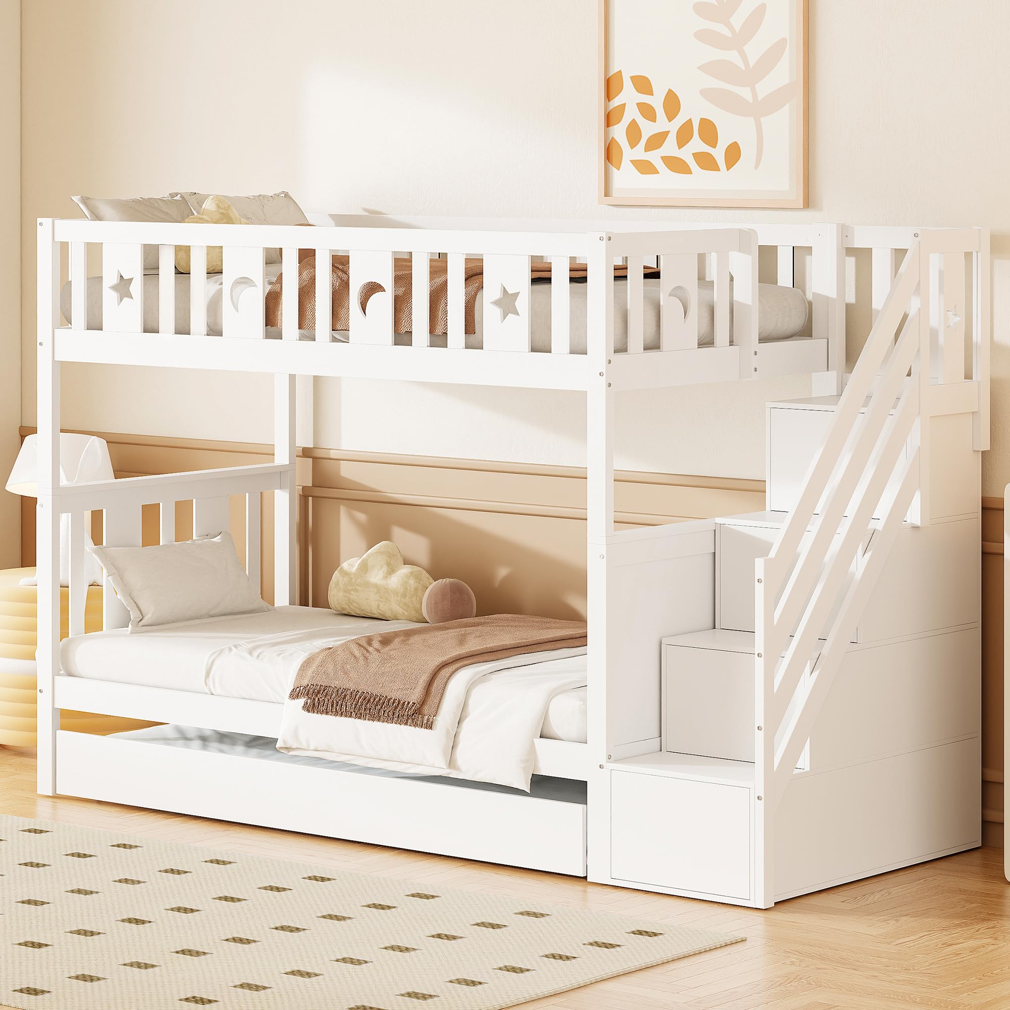 Kinderbett 90x200/90x200cm, Hochbett Etagenbett mit Stauraum-Sicherheitstreppe&Ausziehbett&Lattenrost, Jugendbett Holzbett Stockbett für 2 Kinder, Rausfallschutz Bett, Massivholz, Weiß