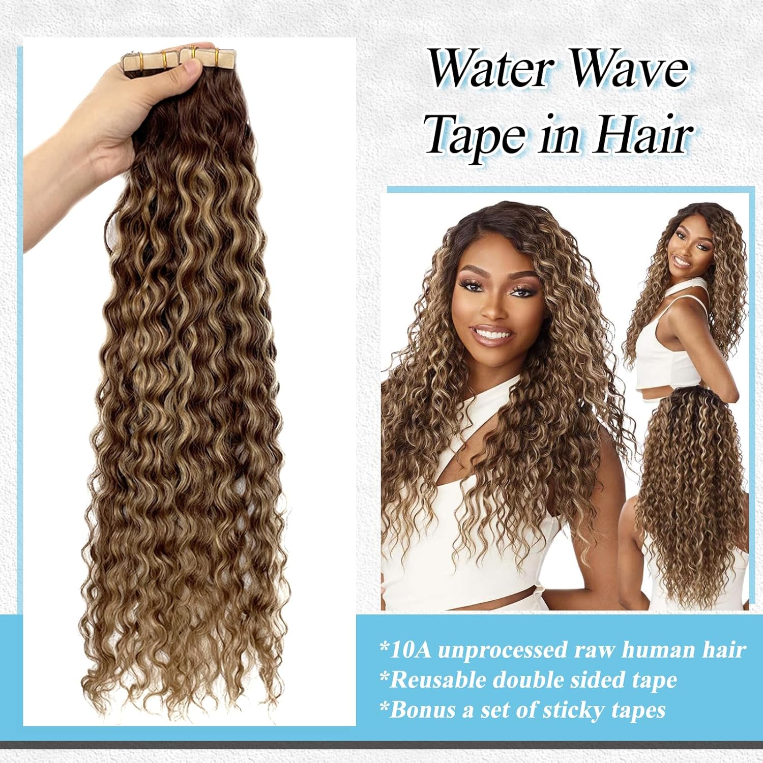 Ombre Tape in Hair Extensions Real Human Hair Water Wave 22 Inch Loose Curly Tape ins for Black Women Balayage Chocolate Brown to Honey Blonde Highlights Skin Weft Remy Hair Extension #4/27/4 Color