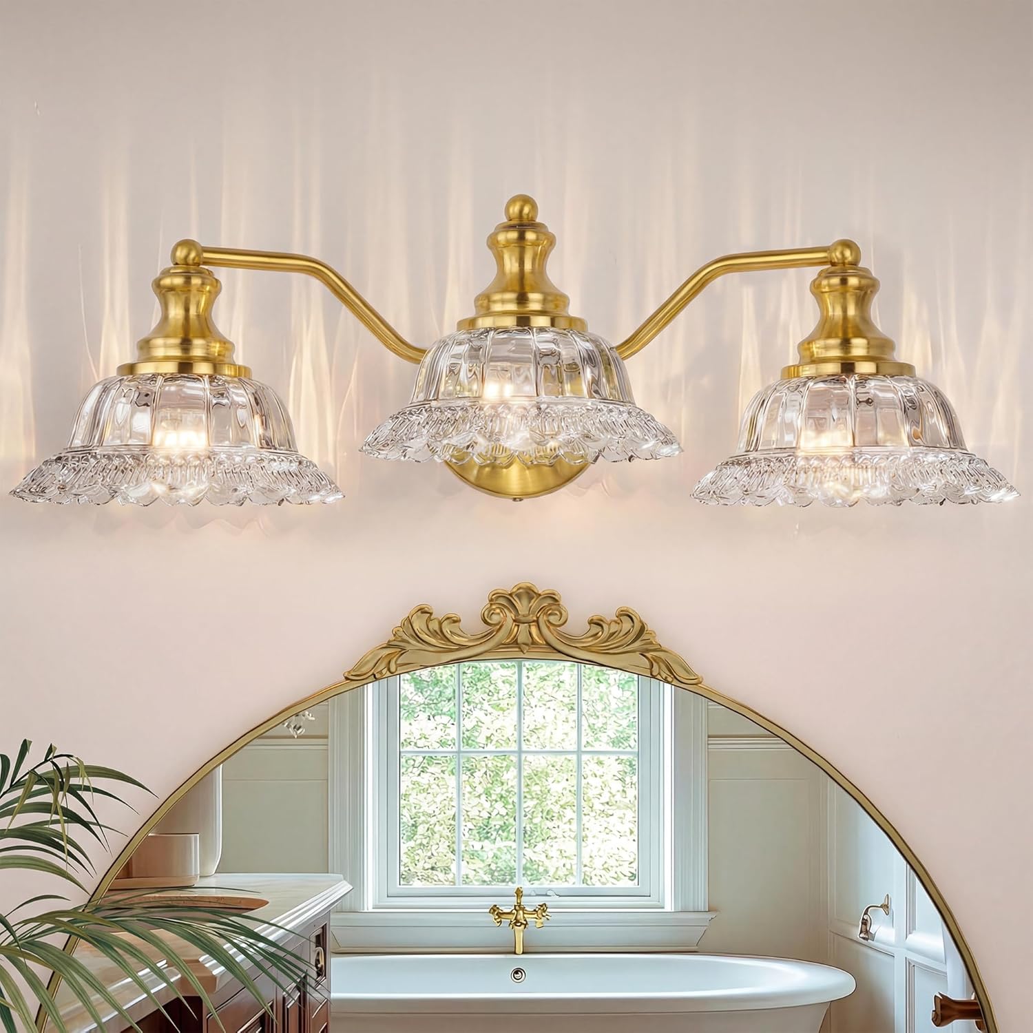 Espird Brass Bathroom Light Fixtures Over Mirror, 3 Light Vintage Bathroom Vanity Light Fixture with Clear Flower Glass Shades, Retro Gold Wall Sconce E26 Vanity Lights for Bathroom Living Room