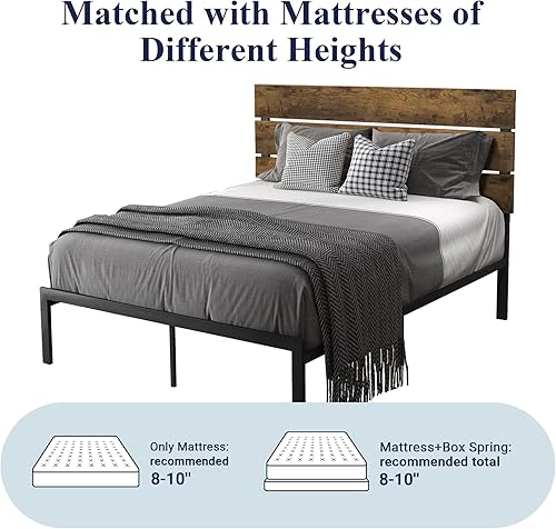 Miniatura 7 de Allewie - Base de cama con cabecera de madera, marco y tiras metálicas, diseño rústico de estilo campestre, estructura de metal fuerte, fácil de