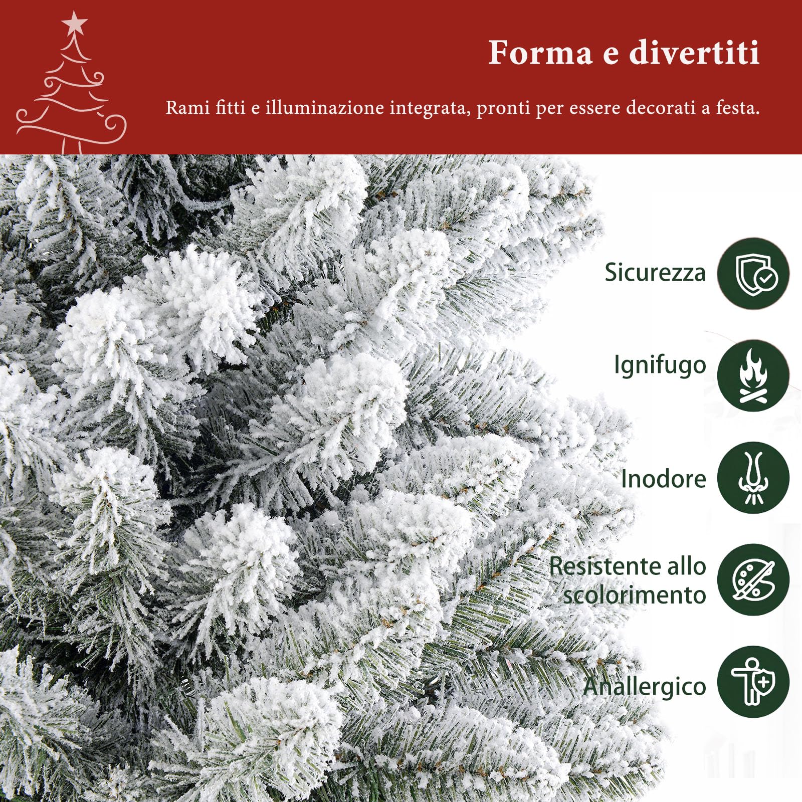 LEIVESTE-Albero di Natale Artificiale 150 Verde Innevato Super Folto,Base a Croce in Ferro Pieghevole Effetto Realistico Con Neve, rami con apertura ad ombrello. (150 CM)