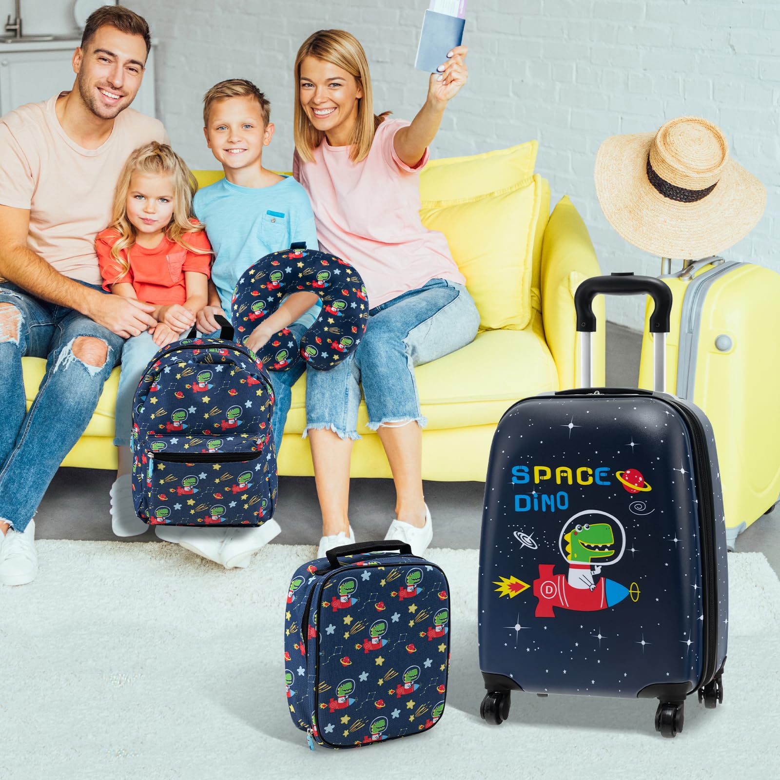 RELAX4LIFE Juego de Maleta para Niños de 5 Piezas con Maleta de Mano 38 cm, Mochila de 33 cm, Cojín para el Cuello, Bolsa de Almuerzo Aislada, Etiqueta, Maleta con Ruedas Rígidas, Negro