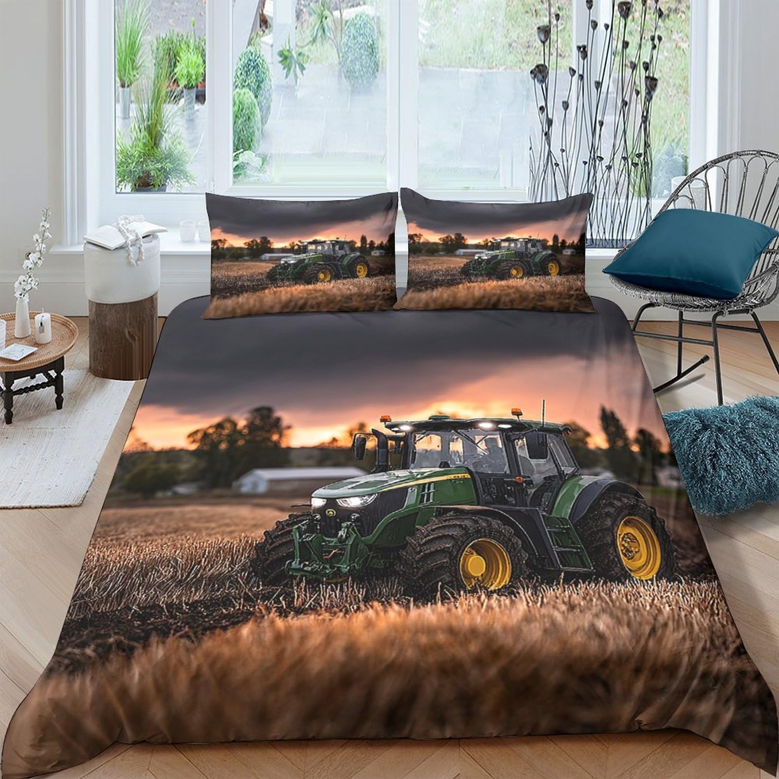 GPLZQXKJNH 3D Printed Tractor Field Duvet Cover Microfiber Soft Breathable Sunset Farm Bedding Set with 2 Pillowcases for Bedroom Decor Single（135x200cm）