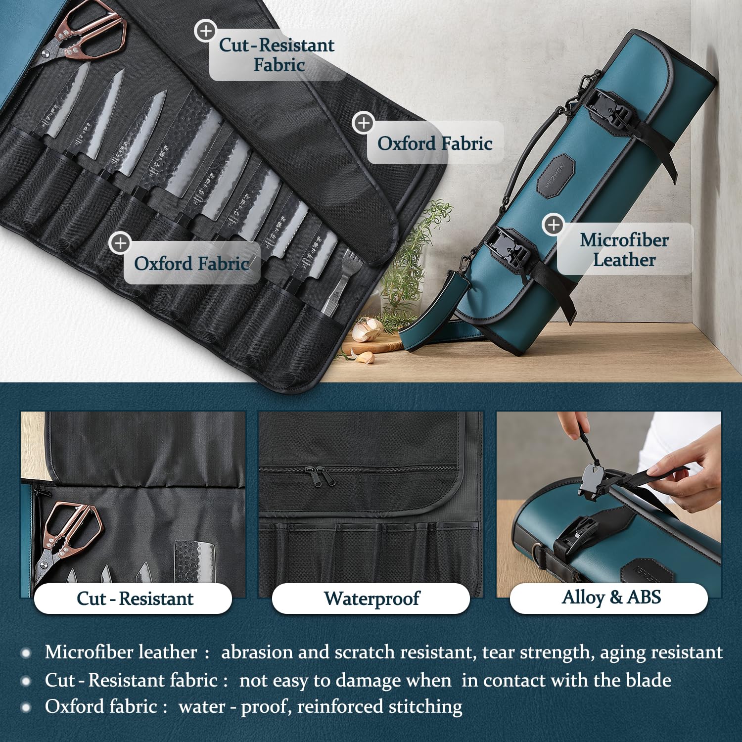 HEZHEN Bolsa para Cuchillos Profesional de Cuero(Sin Cuchillo)-Verde | Microfibra de Cuero,Correa Ajustable,9 Ranuras & 5 Bolsillos con Cremallera,Solapa Protectora-Viaje y Almacenaje