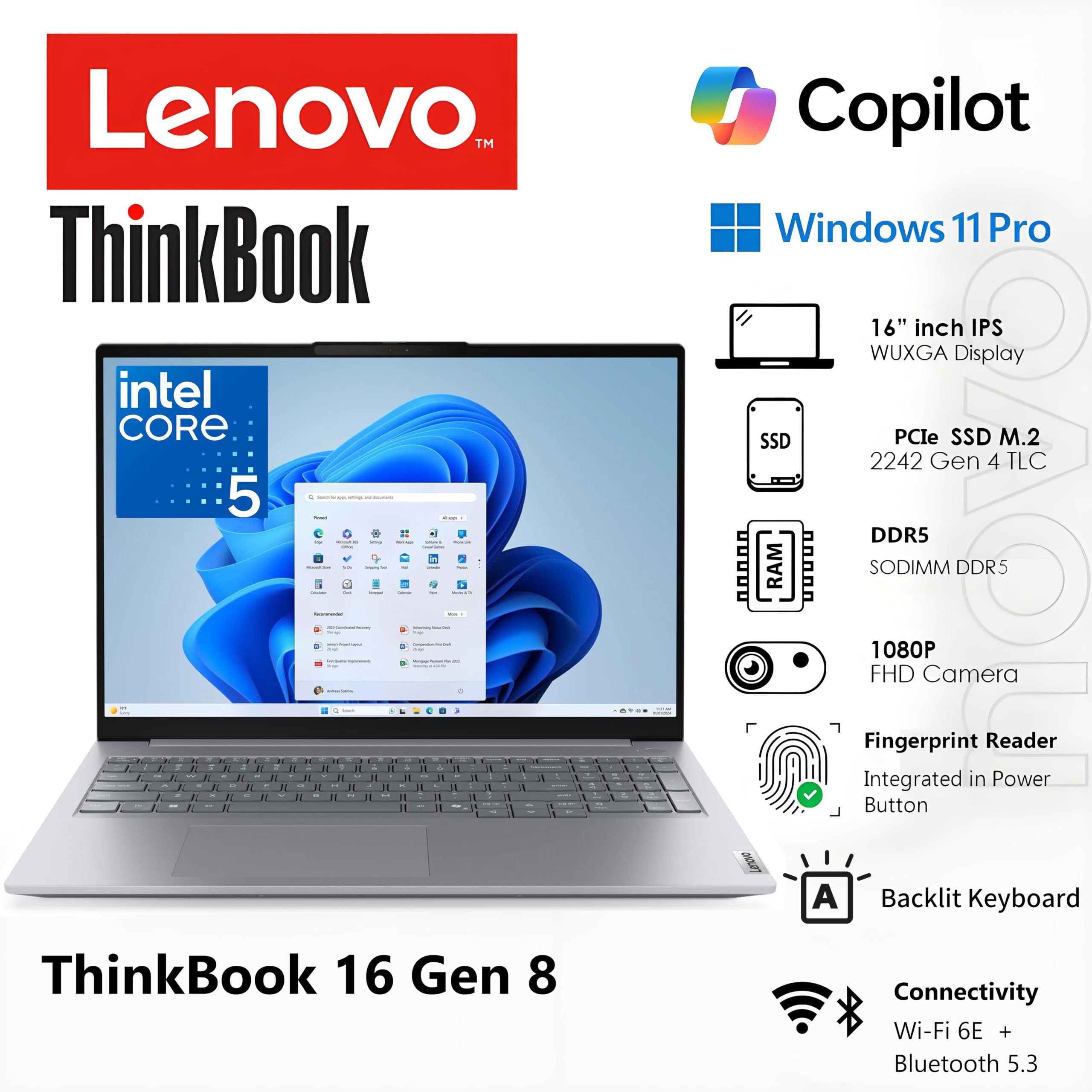 Amazon.com: Lenovo ThinkBook 16 Gen 8 Laptop, Intel Core 5 210H
