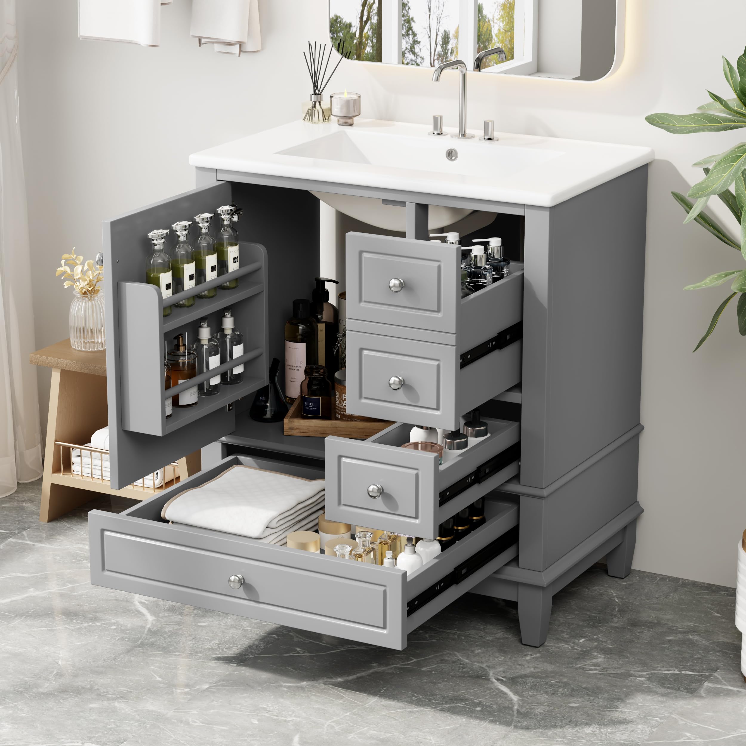 Favfurish 30" Modern Bathroom Vanity with Ceramic Sink Combo, Undermount Single Basin Bath Vanity Set w/1 Soft-Close Door and 3 Drawers, Solid Wood Frame Freestanding Storage Cabinet, Grey