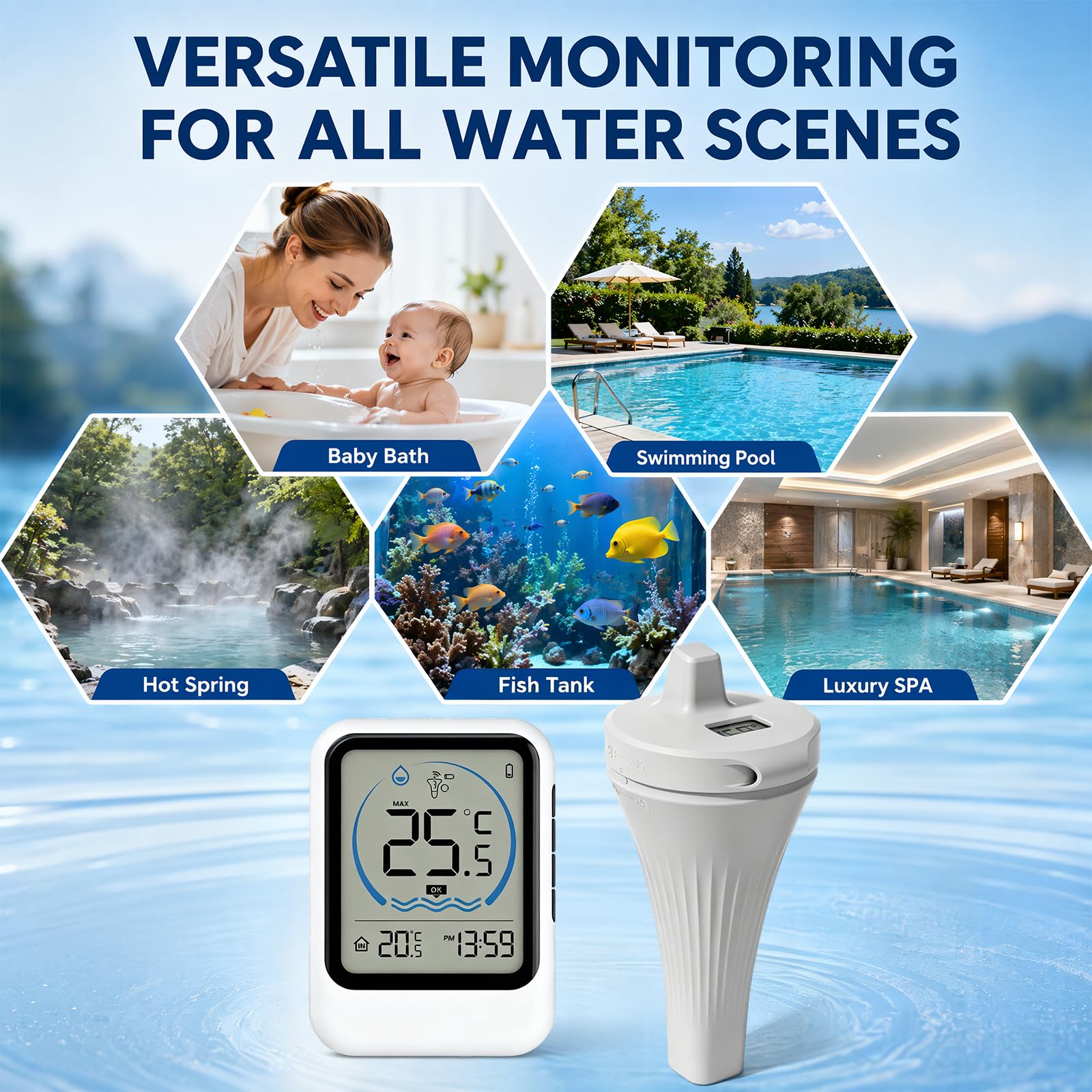 Termometro da piscina senza fili, IP68, impermeabile con display LCD, termometro digitale per piscina, vasca da bagno, acquario, laghetto