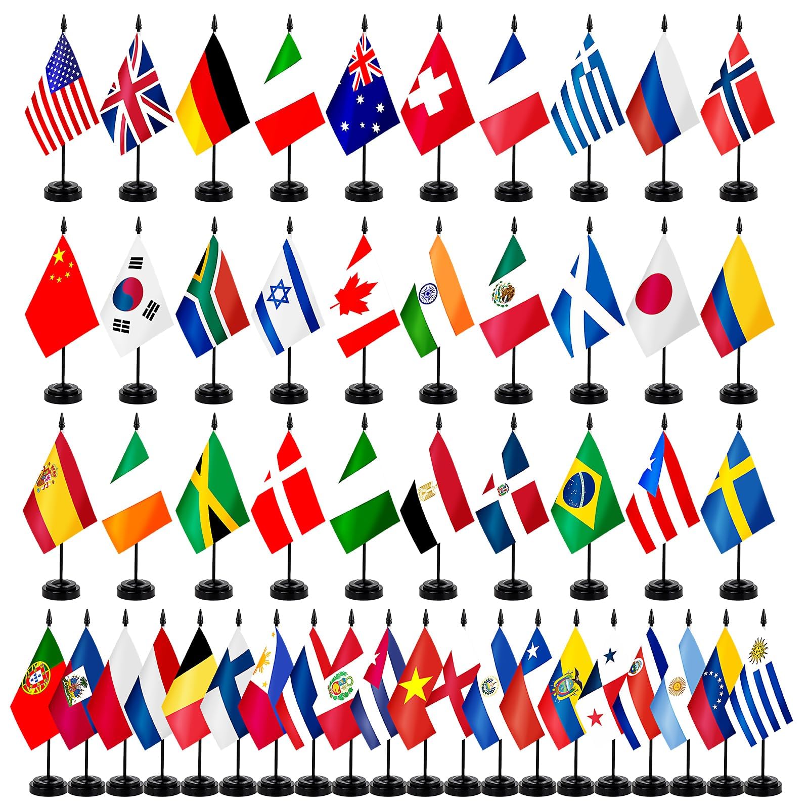 50 Countries Desk Flags Set, Flags of The World, International Flag Decorations with Stands, Mini World Cup Decorative Table Flag, Vivid Color, Fade Resistant, 21 × 14.5 cm