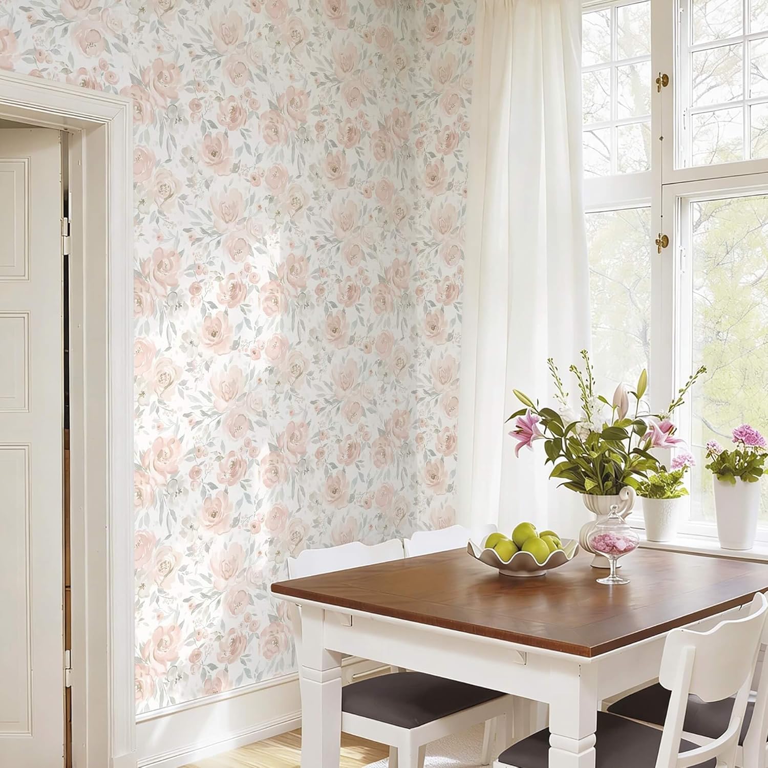 Ismoon Floral Peel and Stick Wallpaper Boho Pink and White Contact Paper Watercolor Stick on Wall Paper Removable Self Adhesive Vinyl Wallpaper for Bedroom Accent Wall Cabinet Decor 17.3x393in