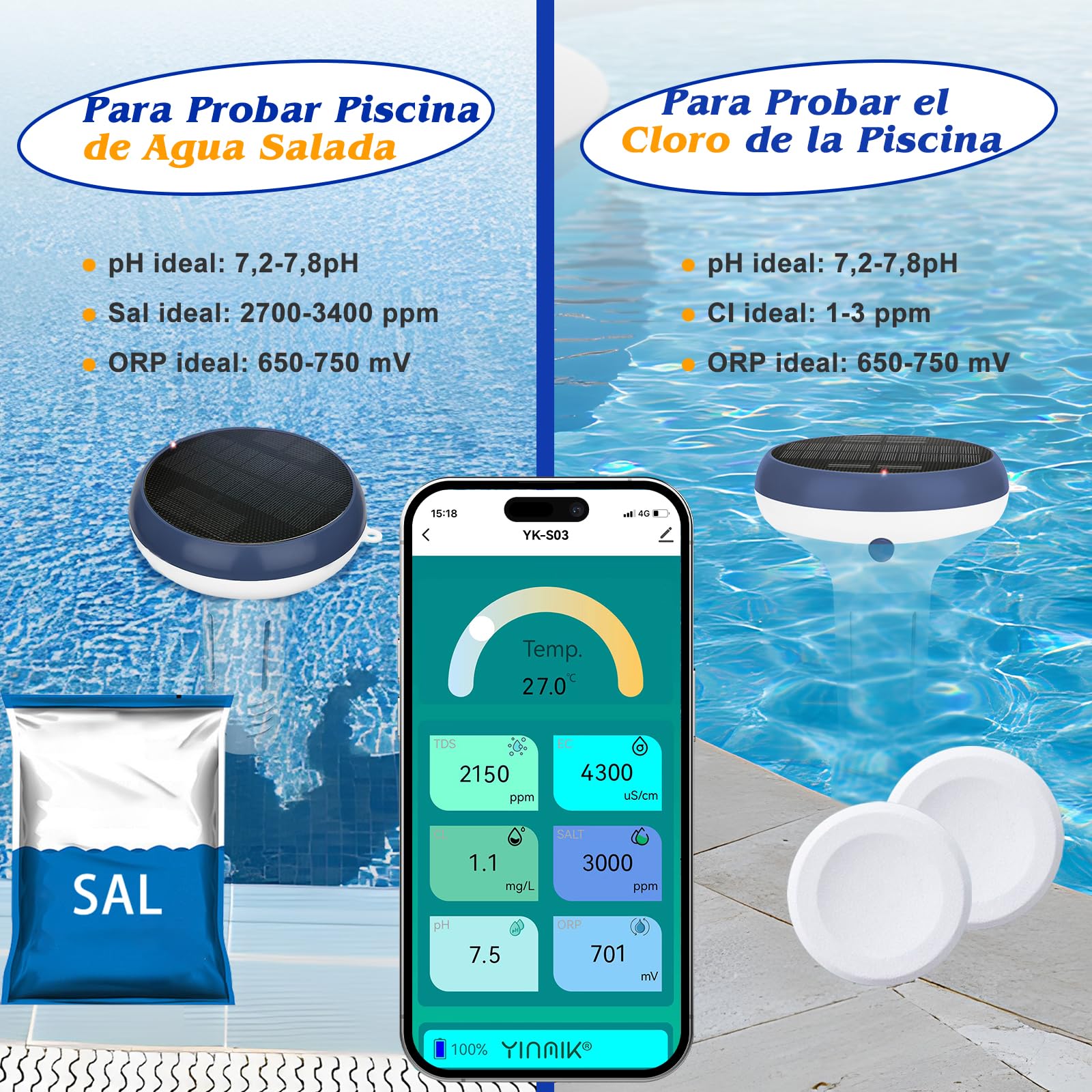Medidor Cloro y pH Piscinas WiFi, Analizador Inteligente 7 en 1 Agua Piscina Salina, Mide pH, Cloro Residual, Sal, ORP, EC TDS, Temp con Carga Solar